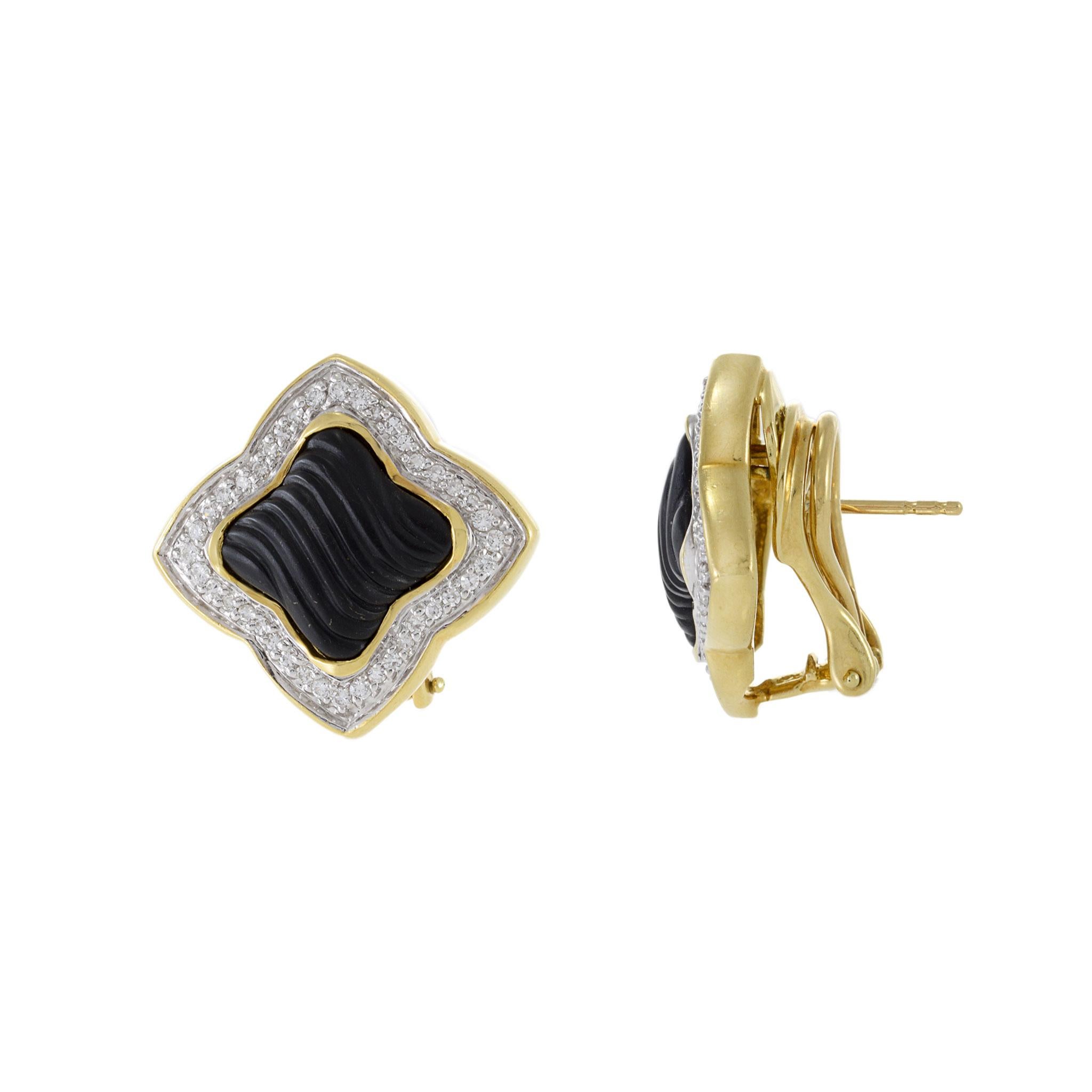 Round Cut Vintage 18KT Yellow Gold David Yurman Black Onyx And Diamond Earrings For Sale
