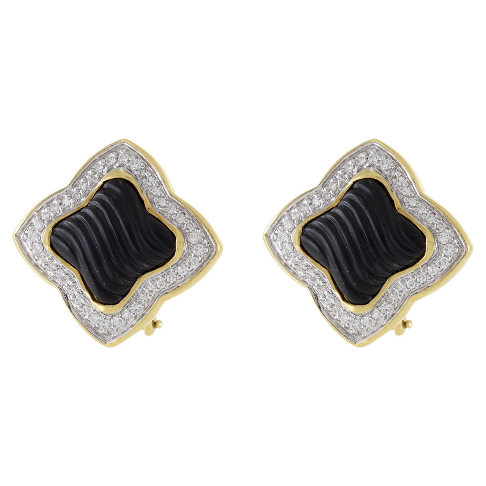 Vintage 18KT Yellow Gold David Yurman Black Onyx And Diamond Earrings