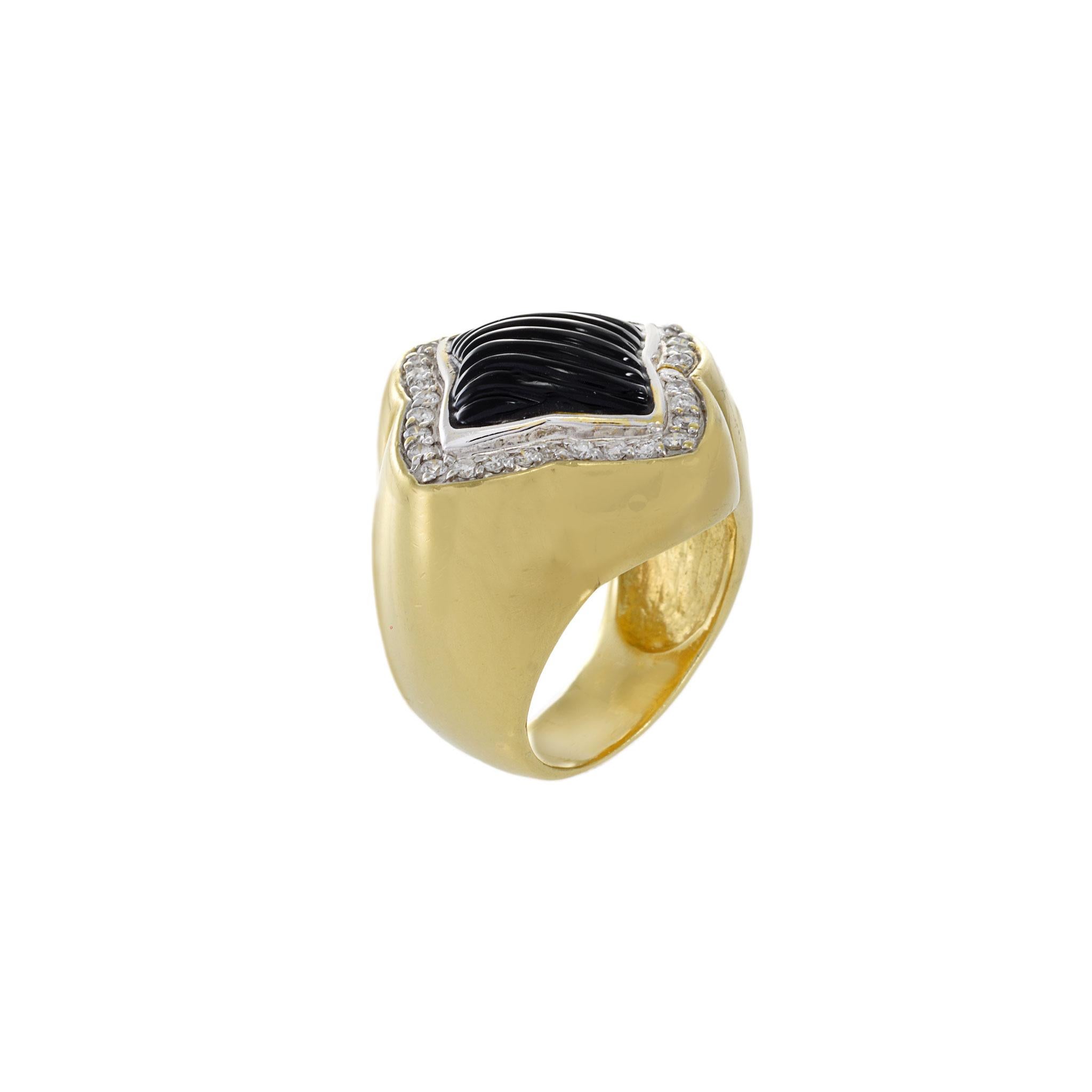 Women's or Men's Vintage 18KT Yellow Gold David Yurman Black Onyx And Diamond Ring For Sale