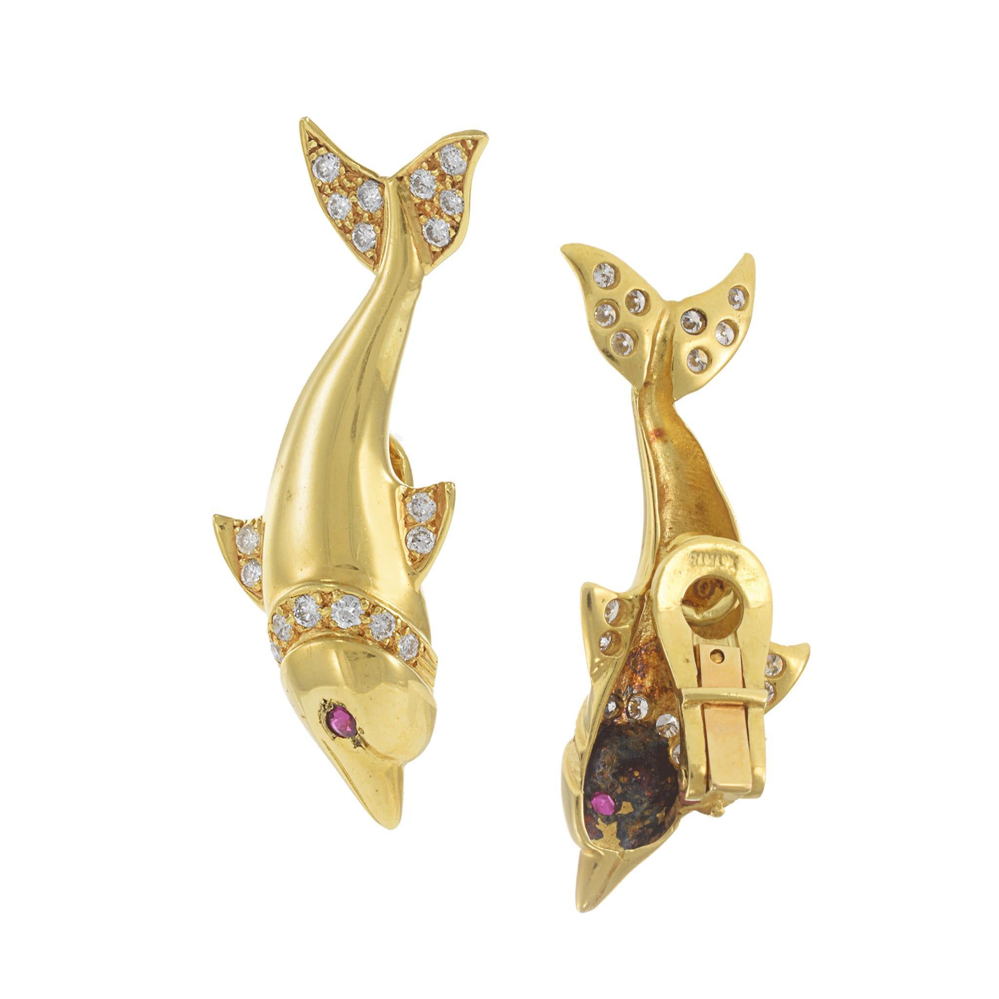 Round Cut Vintage 18KT Yellow Gold Dolphin Earrings with Diamonds and Rubies For Sale