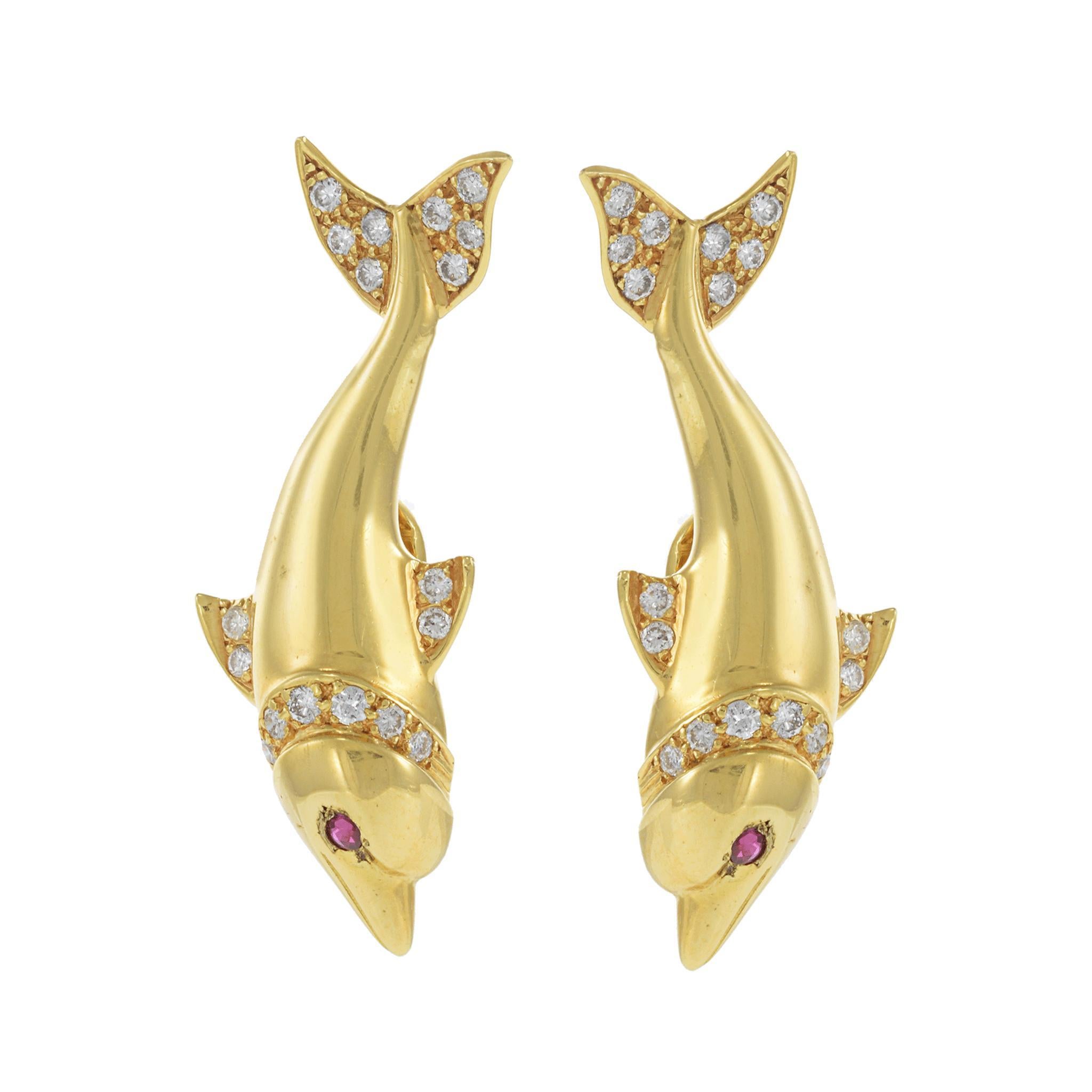 Vintage 18KT Yellow Gold Dolphin Earrings with Diamonds and Rubies In Good Condition For Sale In New York, NY