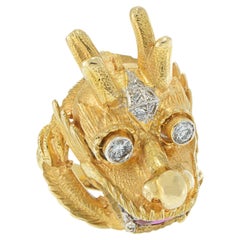 Vintage 18KT Yellow Gold Dragon Head Synthetic Ruby and Natural Diamond Ring