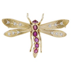 Vintage 18kt. Yellow Gold Dragonfly Brooch Set with Natural Thai Rubies