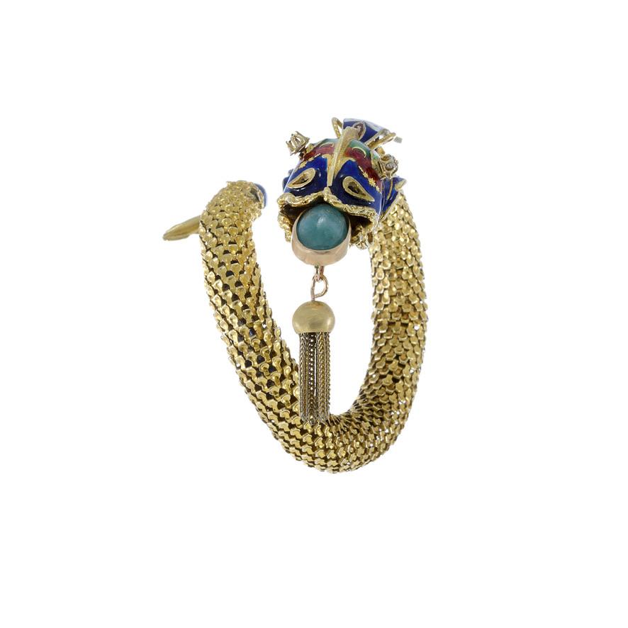 Retro Vintage 18KT Yellow Gold Enamel And Jade Fish Bangle
