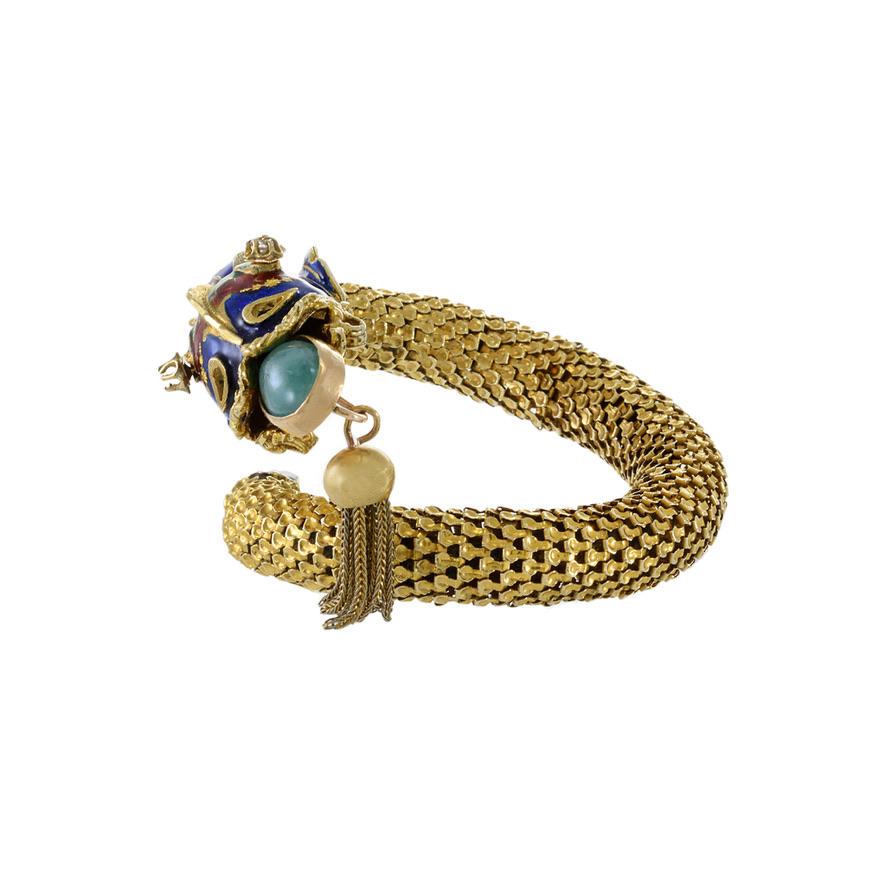 Oval Cut Vintage 18KT Yellow Gold Enamel And Jade Fish Bangle