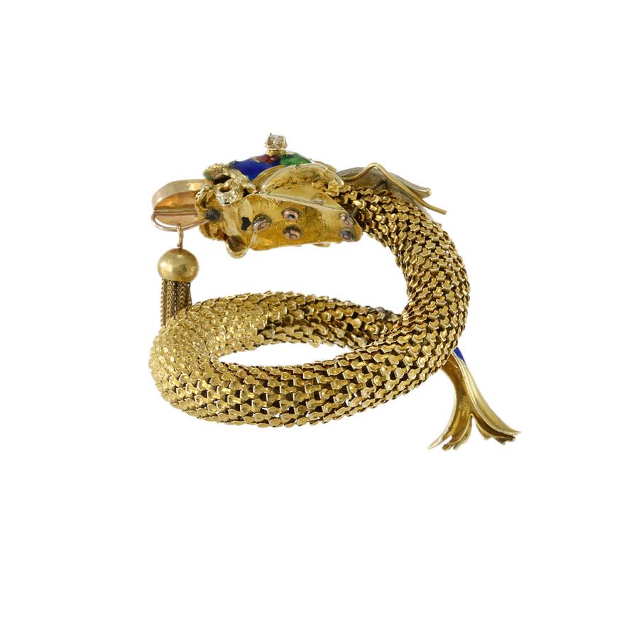 Women's Vintage 18KT Yellow Gold Enamel And Jade Fish Bangle