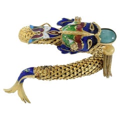 Vintage 18KT Yellow Gold Enamel And Jade Fish Bangle