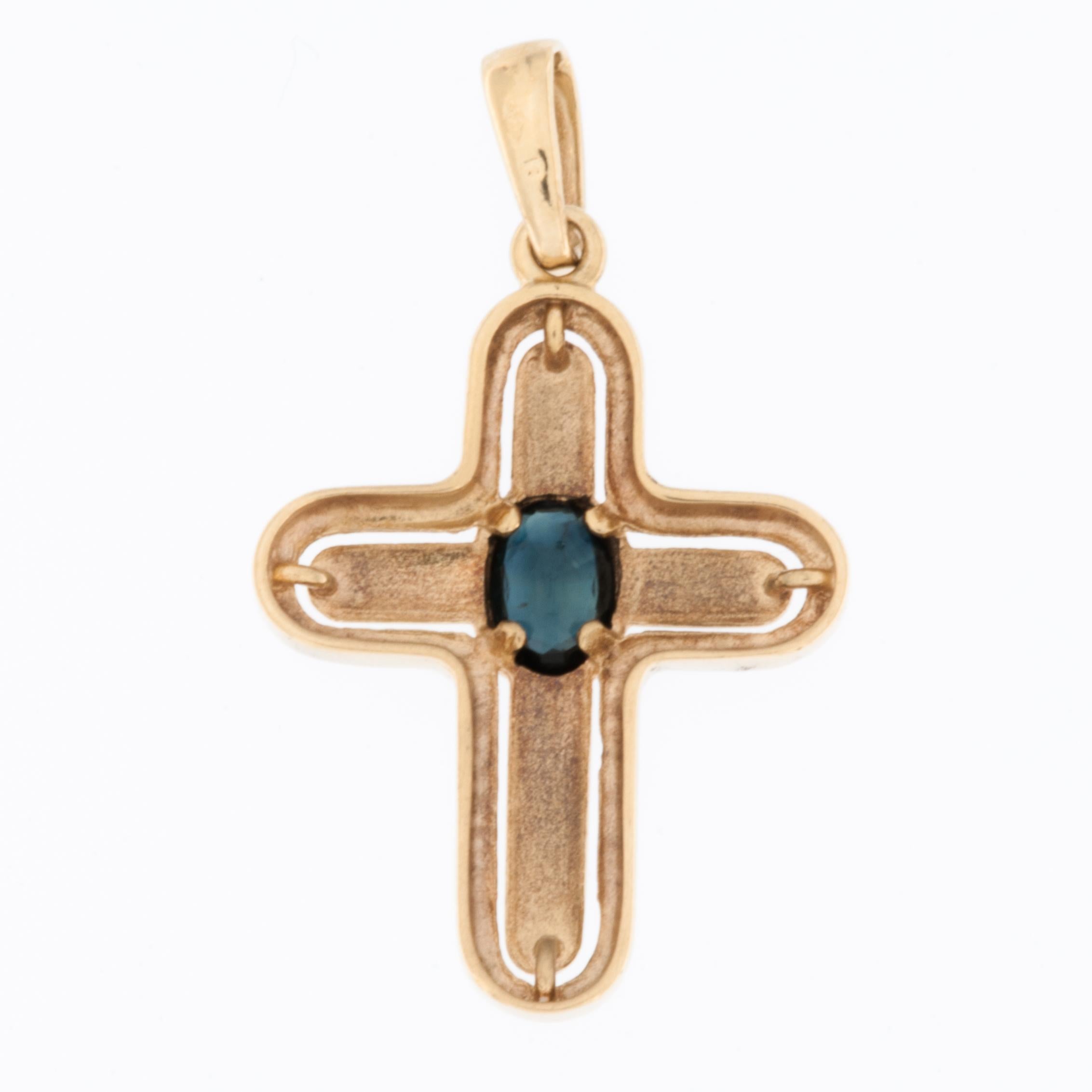 Modern Vintage 18kt Yellow Gold French Cross with Sapphire For Sale