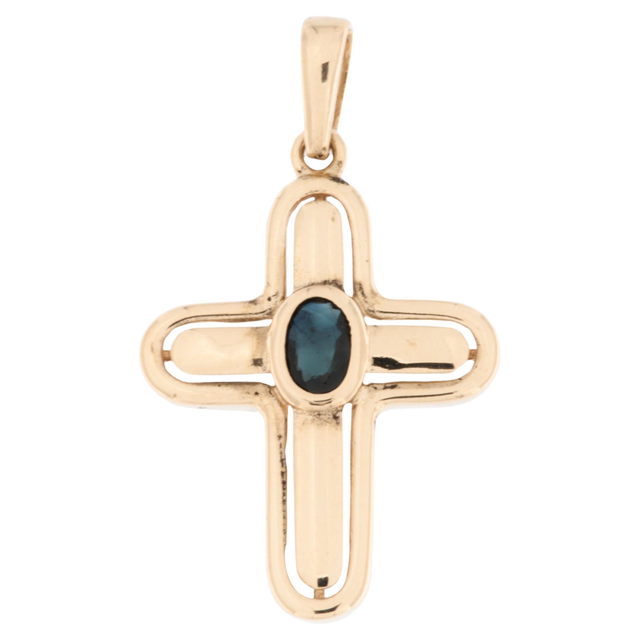 Vintage 18kt Yellow Gold French Cross with Sapphire For Sale