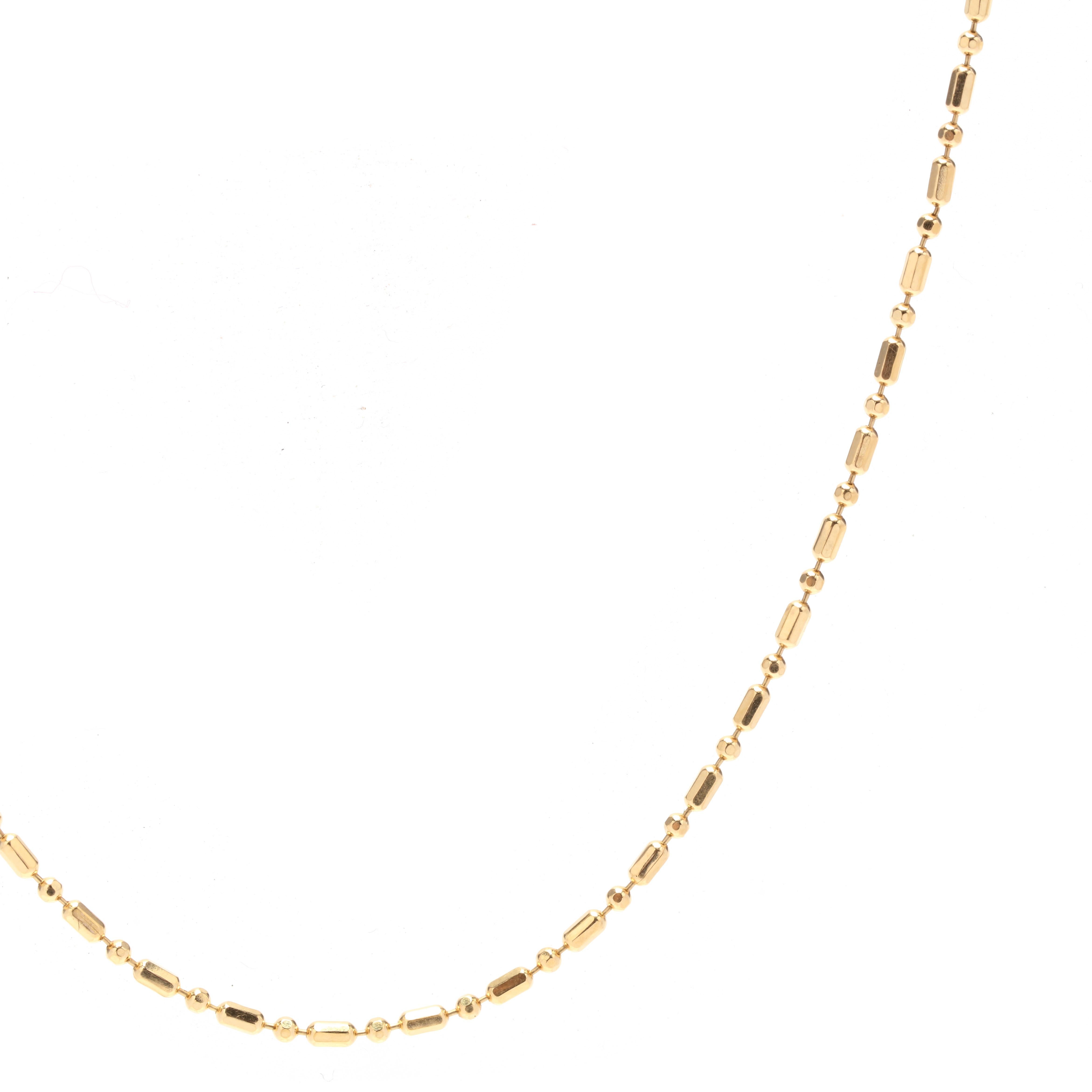 A vintage 18 karat yellow Italian gold bead chain. This thin pendant chain features oblong and round beads with a spring ring clasp.

Length: 18 in.

Width: 1.2 mm

Weight: 1.8 dwts. / 2.8 grams

Stamps: 18K ITALY

Ring Sizings & Modifications:
* We