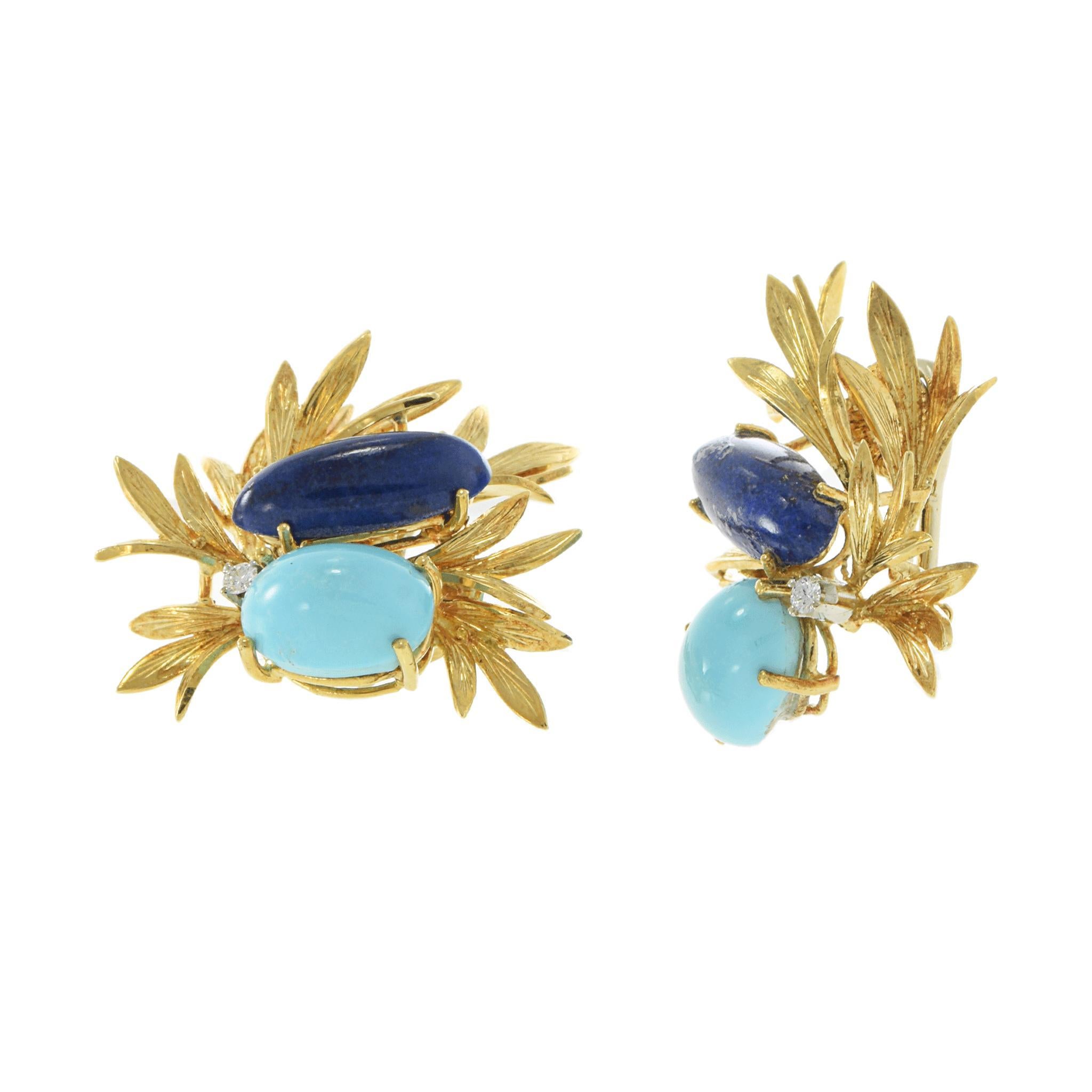 Brilliant Cut Vintage 18KT Yellow Gold Lapis Lazuli, Turquoise, and Diamond Floral Earrings For Sale