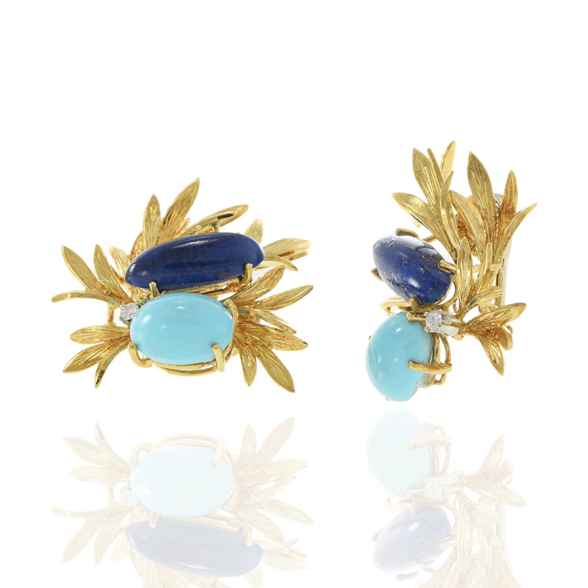 Vintage 18KT Yellow Gold Lapis Lazuli, Turquoise, and Diamond Floral Earrings In Good Condition For Sale In New York, NY