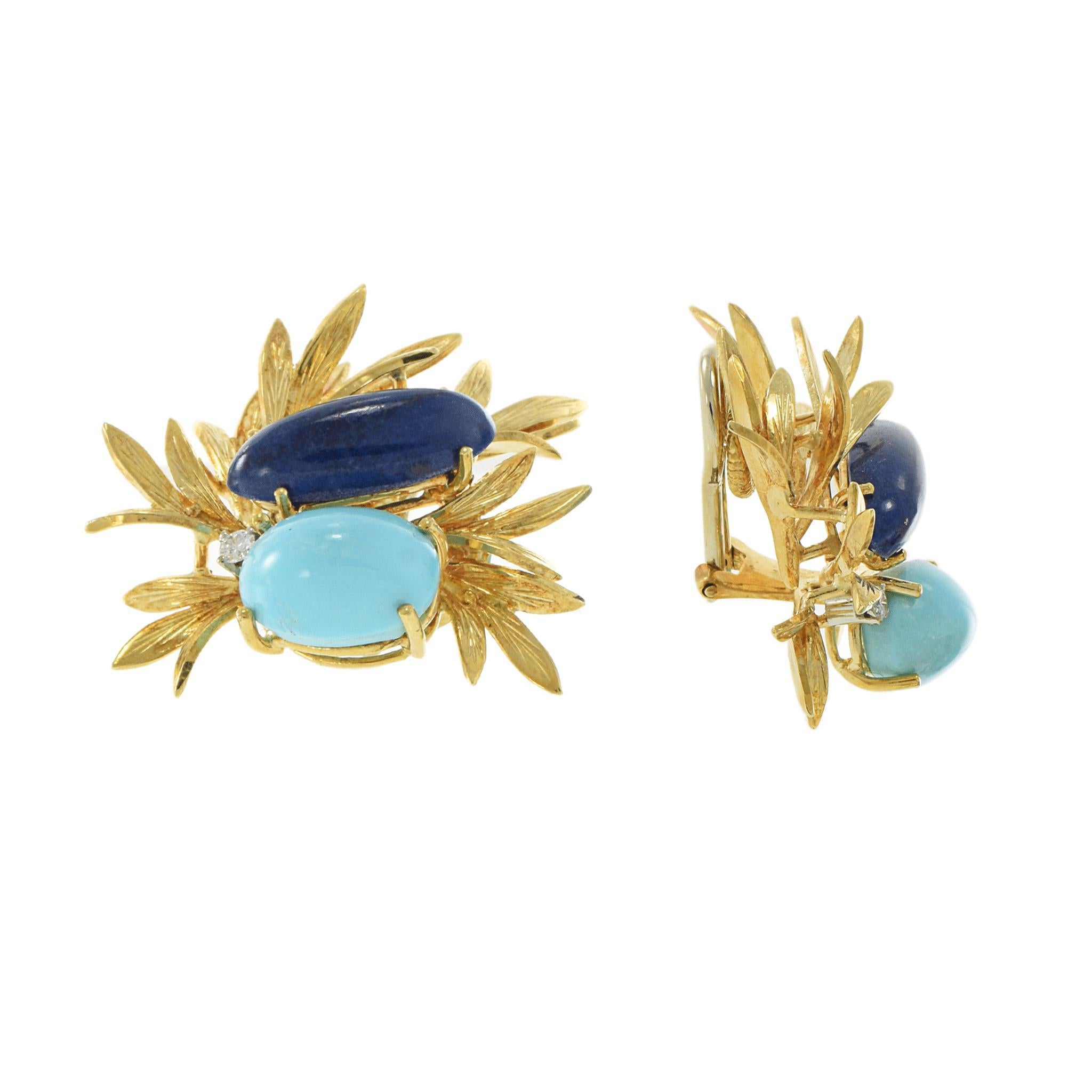 Women's Vintage 18KT Yellow Gold Lapis Lazuli, Turquoise, and Diamond Floral Earrings For Sale