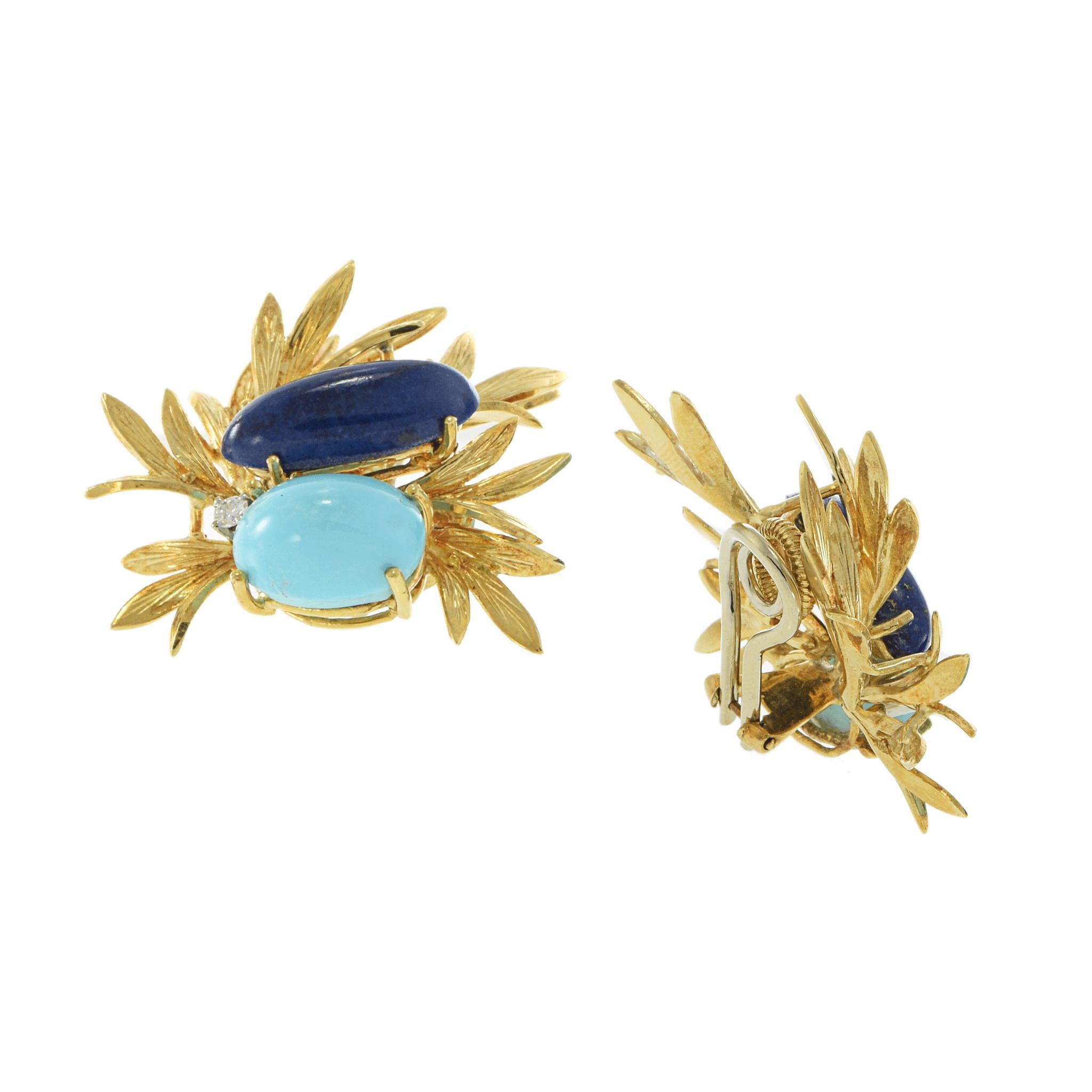 Vintage 18KT Yellow Gold Lapis Lazuli, Turquoise, and Diamond Floral Earrings For Sale 1