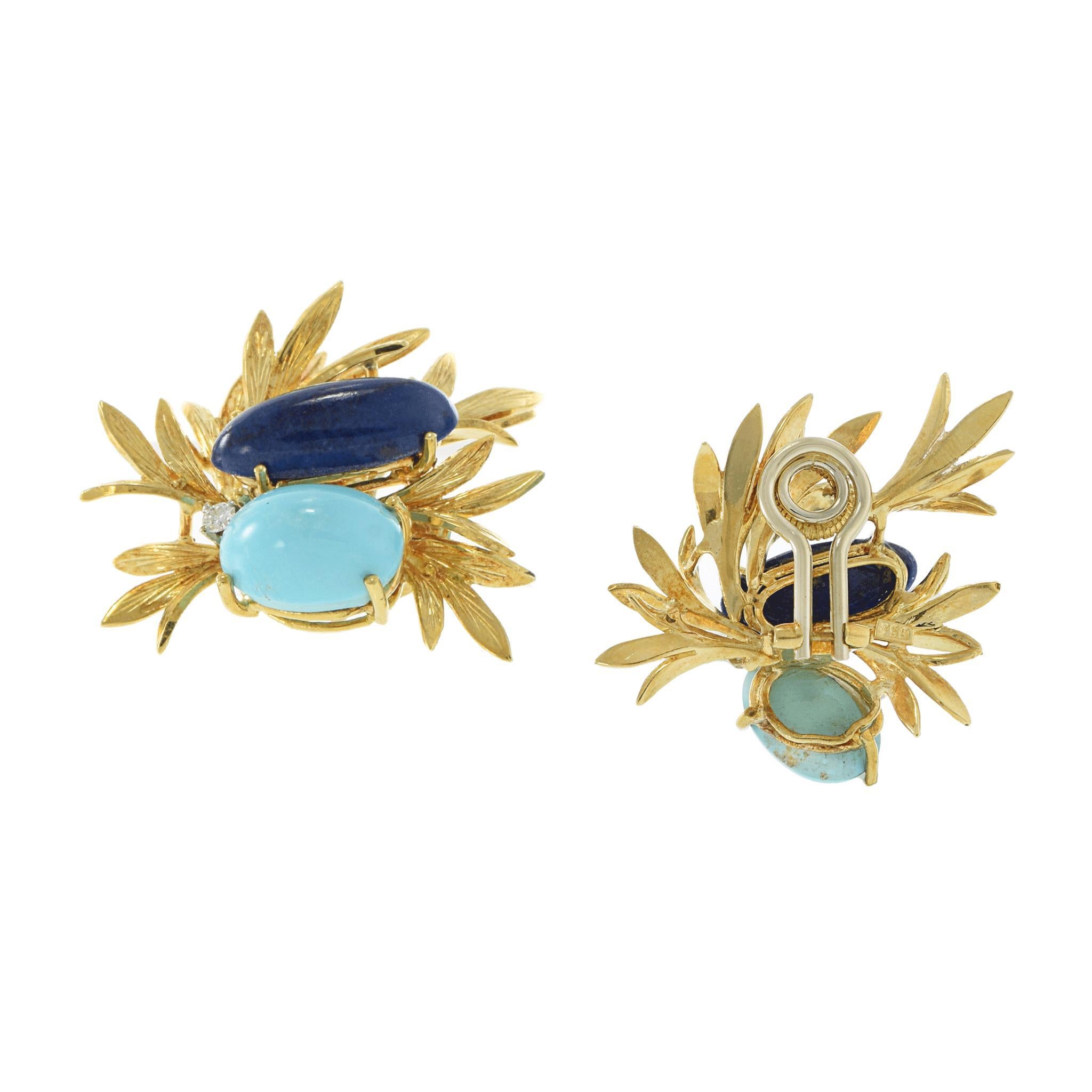 Vintage 18KT Yellow Gold Lapis Lazuli, Turquoise, and Diamond Floral Earrings For Sale 2