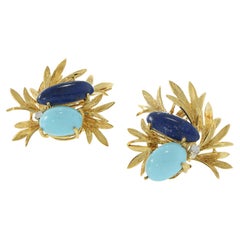 Vintage 18KT Yellow Gold Lapis Lazuli, Turquoise, and Diamond Floral Earrings