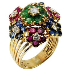 Vintage 18kt yellow gold multi-coloured gemstone flower ring
