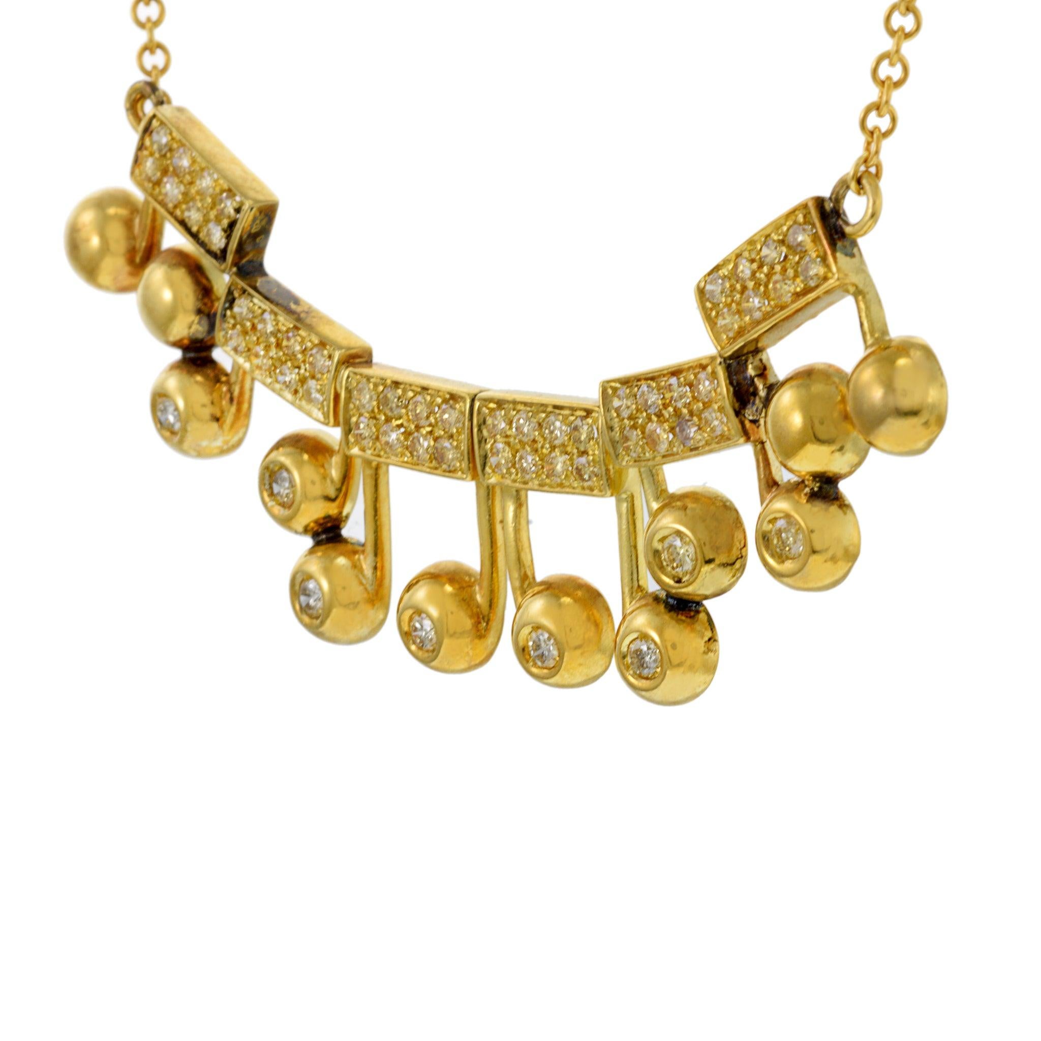 Modern Vintage 18KT Yellow Gold Musical Notes Charm Necklace with Diamonds For Sale