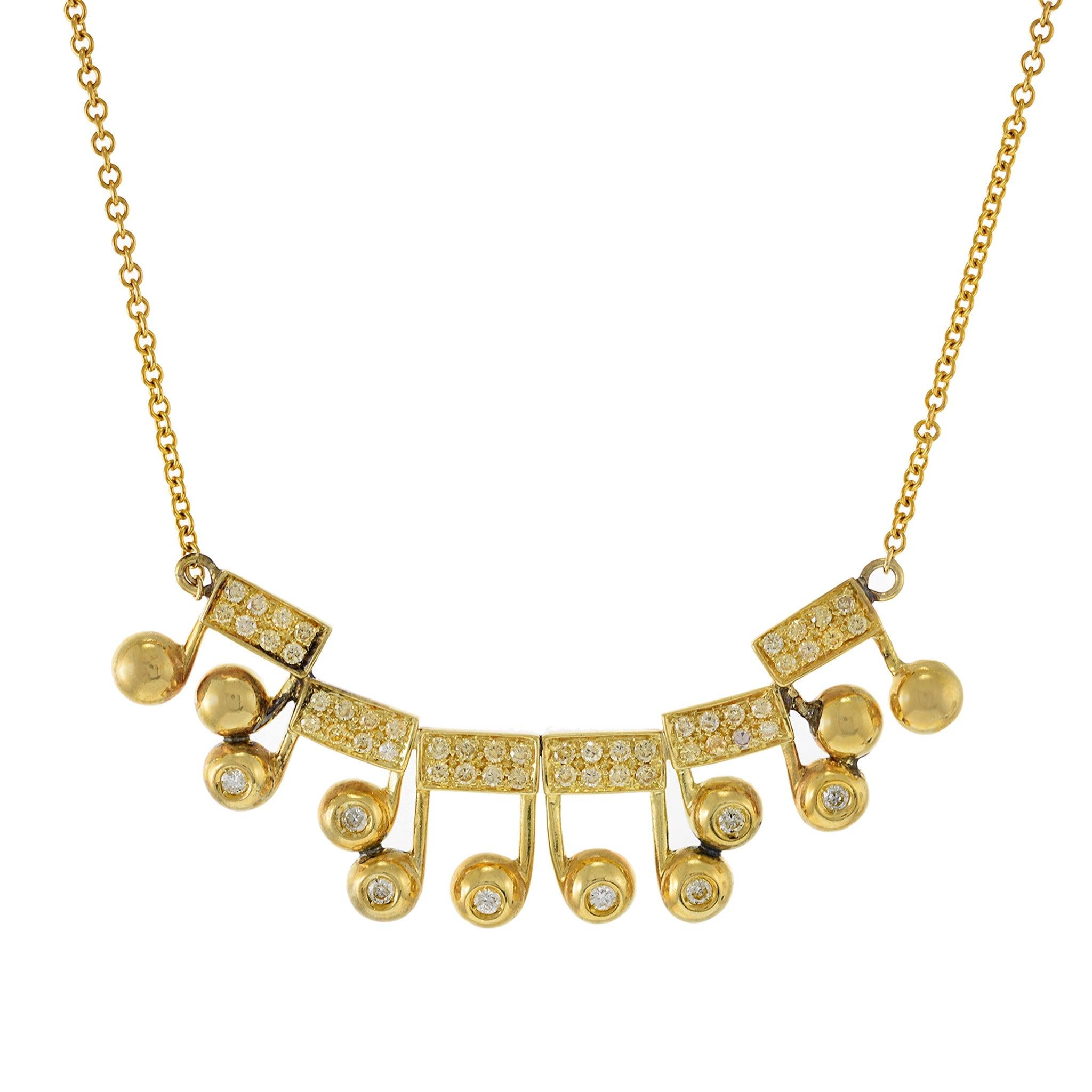 Round Cut Vintage 18KT Yellow Gold Musical Notes Charm Necklace with Diamonds For Sale
