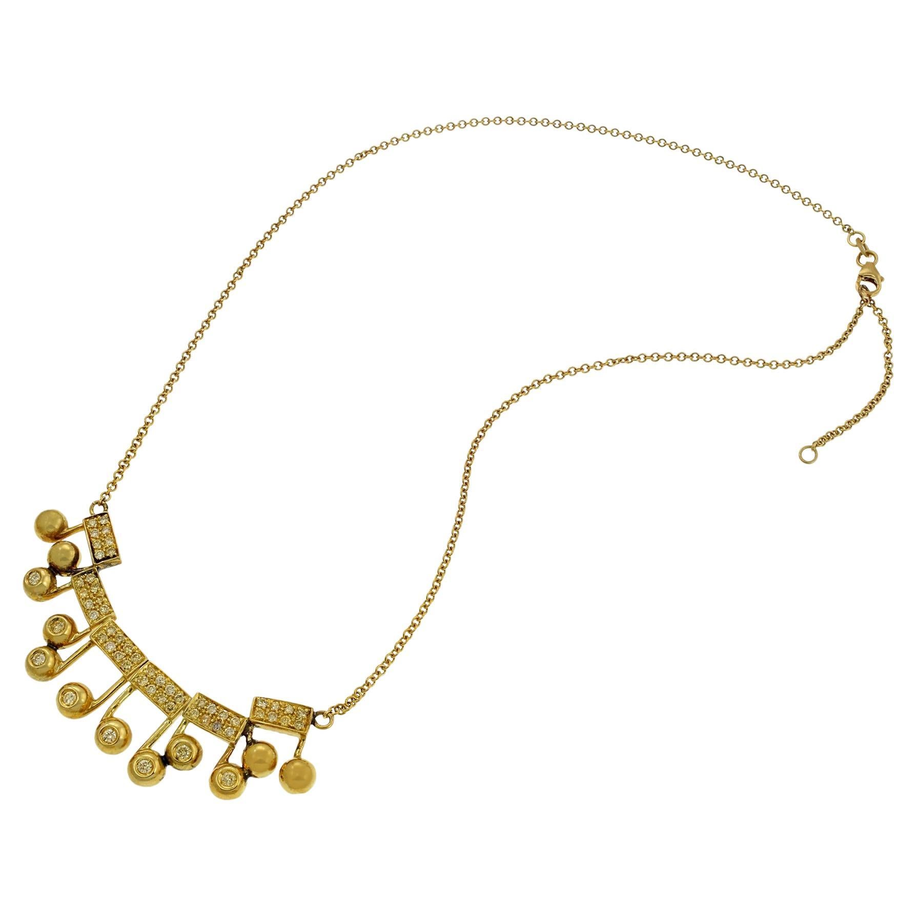 Vintage 18KT Yellow Gold Musical Notes Charm Necklace with Diamonds