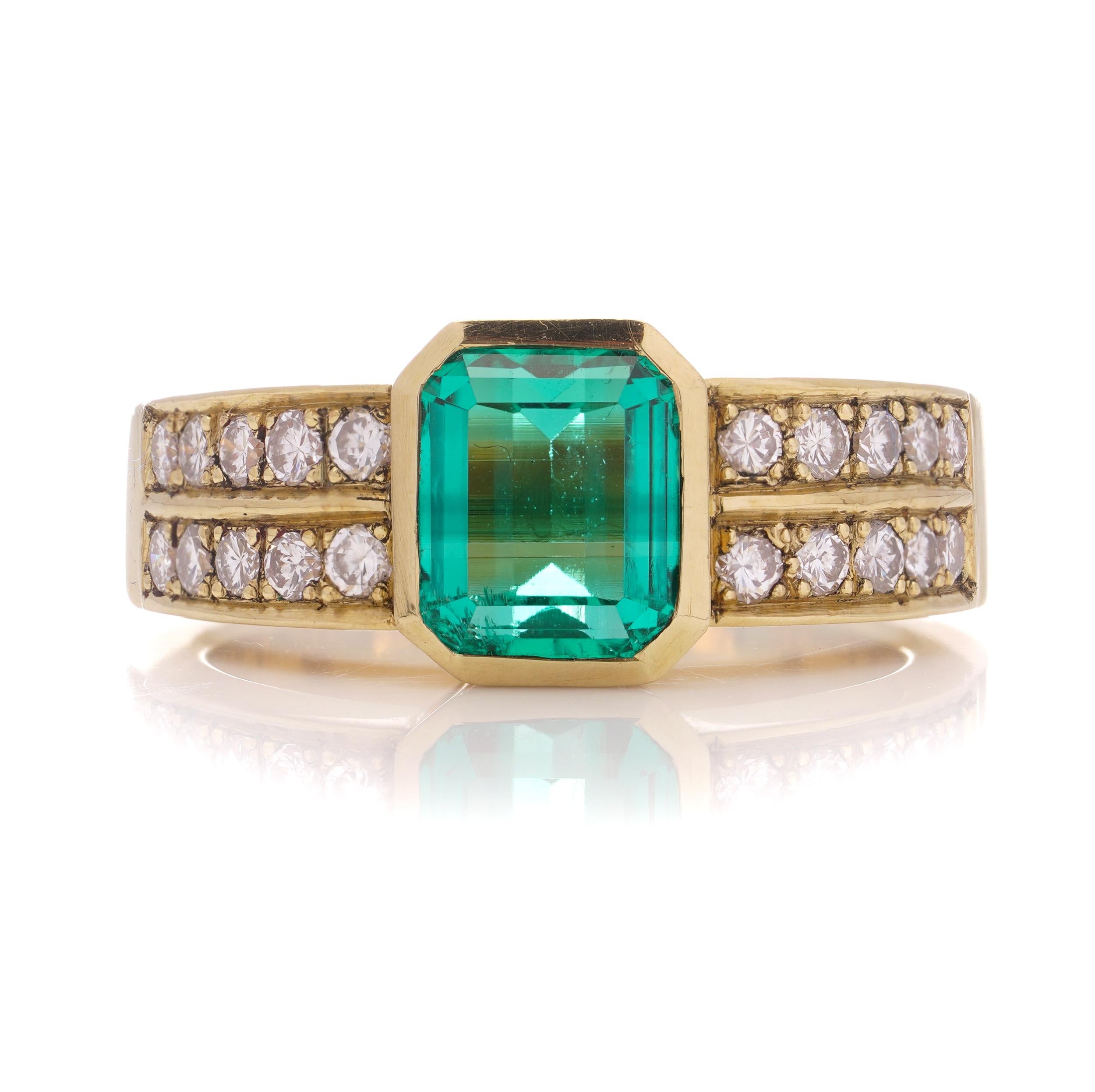 Emerald Cut Vintage 18kt. yellow gold natural Colombian emerald ( No Oil ) and diamond ring For Sale