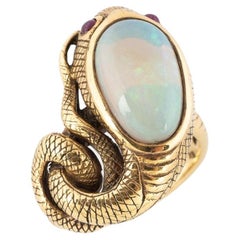 Vintage 18 Karat Yellow Gold Opal and Ruby Snake Ring