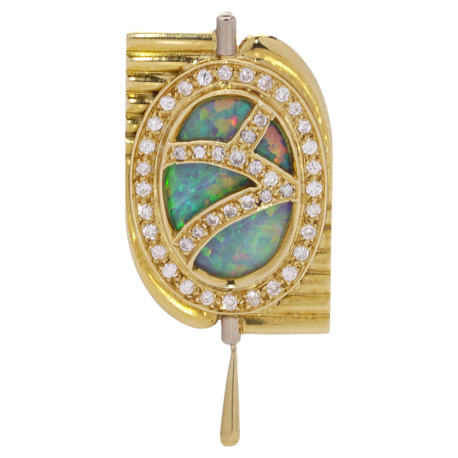 Geoffrey Turk 18kt. yellow gold pendant with opal and diamonds, 1984  For Sale