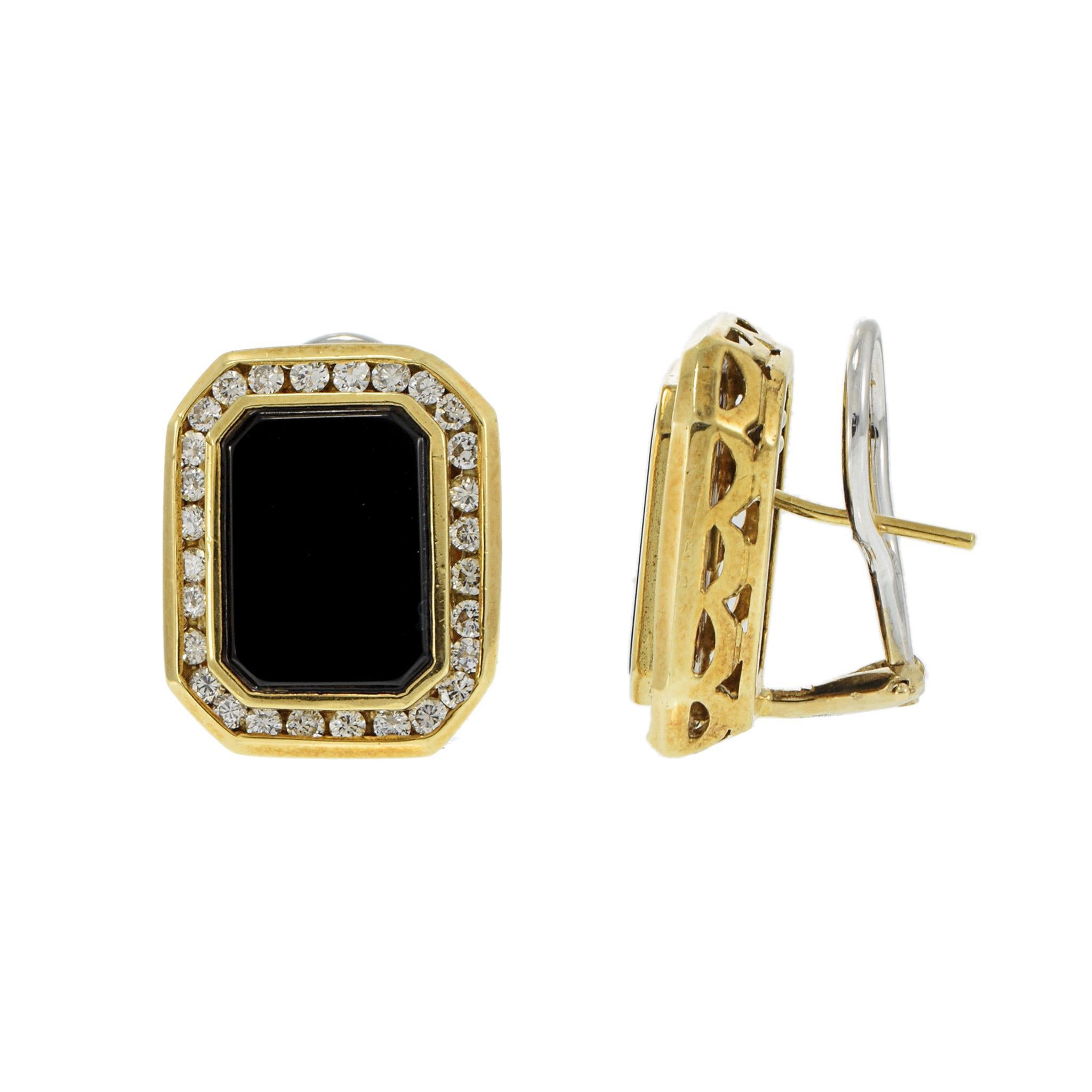Pendientes Rectangulares de Ónix Negro y Diamantes en Oro Amarillo Vintage de 18 KT Corte brillante en venta