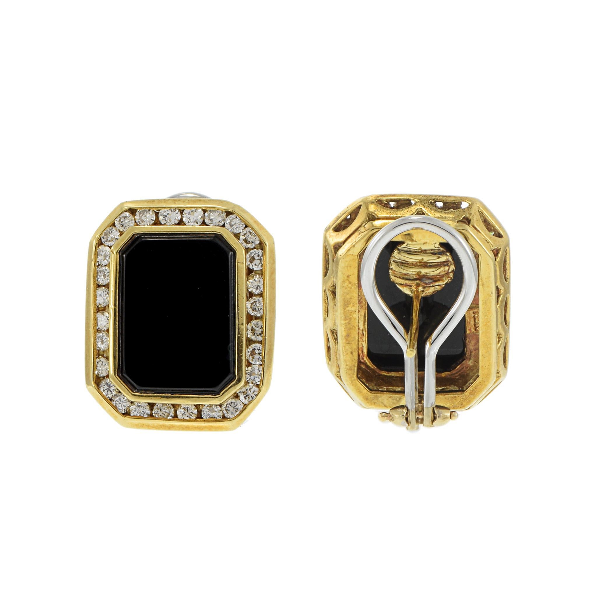 De las mujeres Pendientes Rectangulares de Ónix Negro y Diamantes en Oro Amarillo Vintage de 18 KT en venta