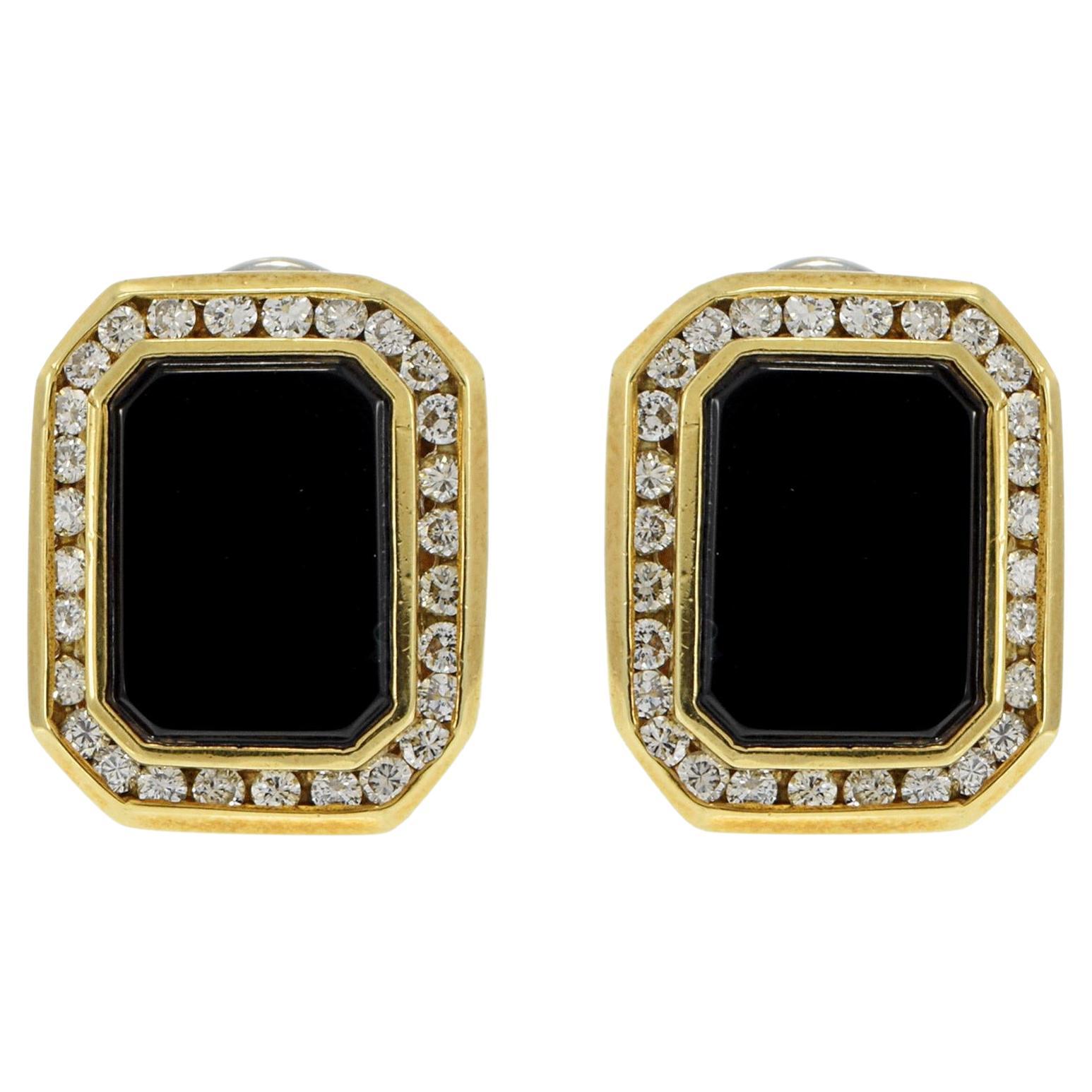 Pendientes Rectangulares de Ónix Negro y Diamantes en Oro Amarillo Vintage de 18 KT en venta