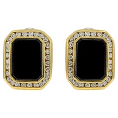 Vintage 18KT Yellow Gold Rectangular Black Onyx and Diamond Huggie Earrings