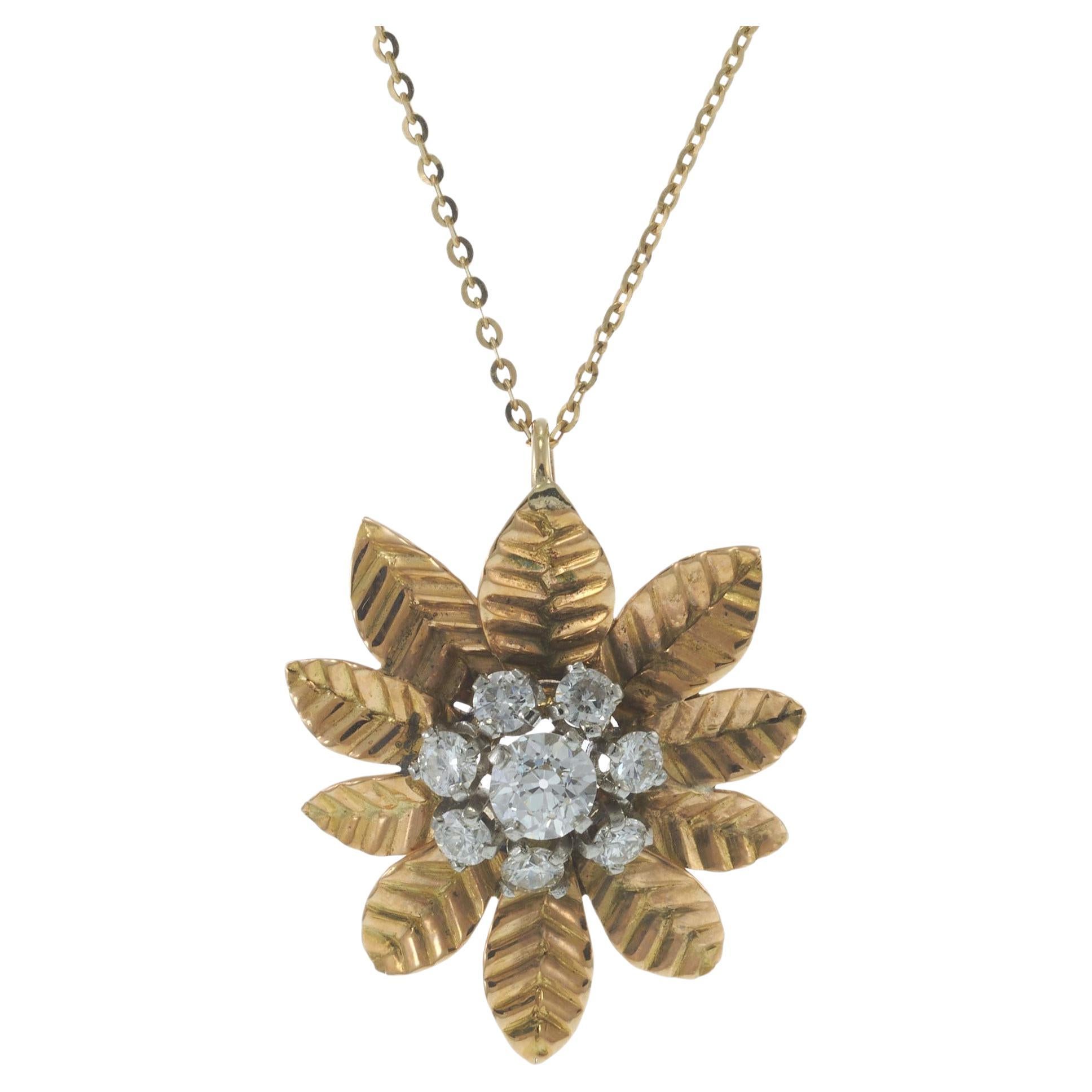 Vintage 18KT Yellow Gold Retro Period Diamond Flower Pendant