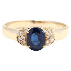 Vintage 18KT Yellow Gold Sapphire Diamond Ring, Oval Natural Sapphire