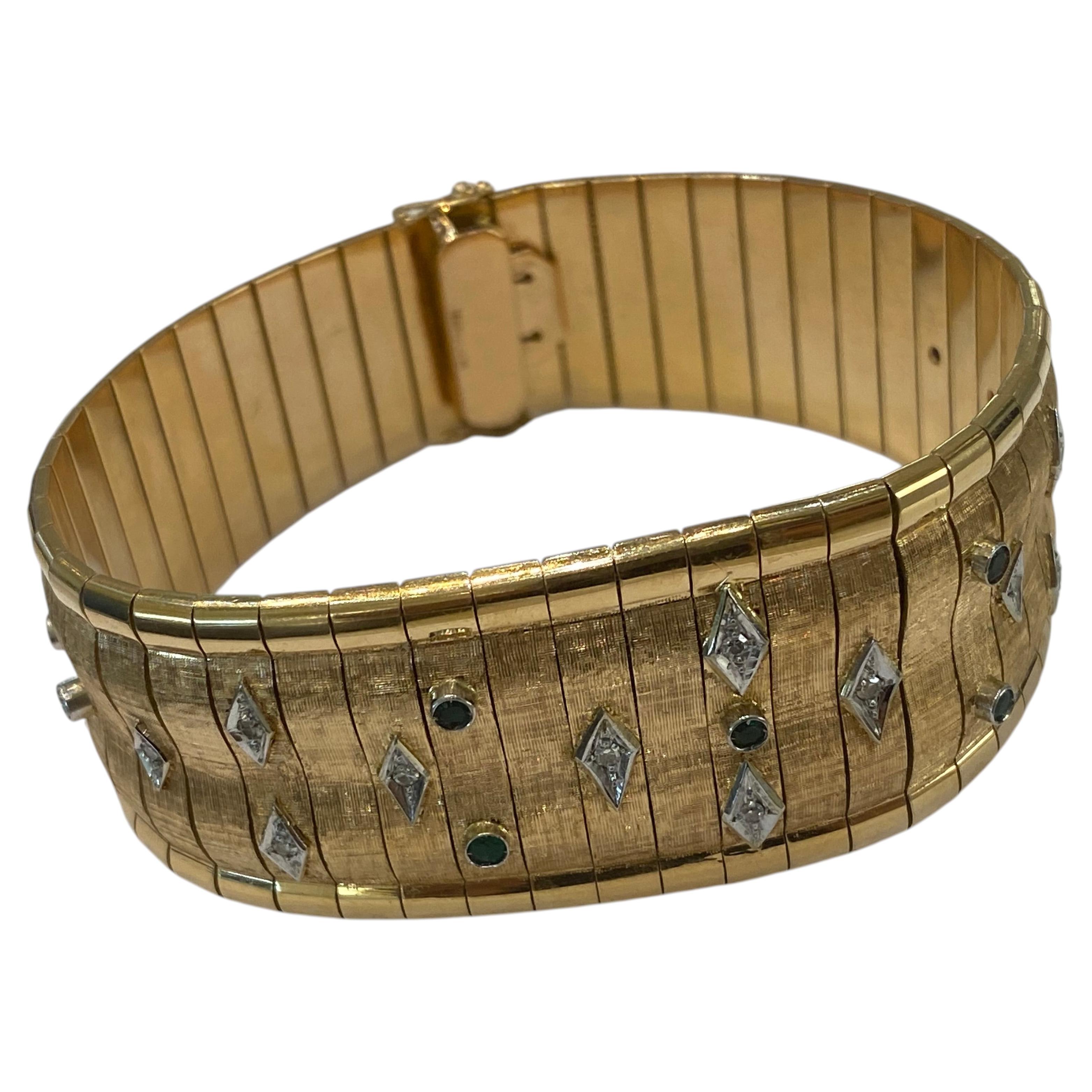 Vintage 18kt Yellow Gold Semi-Rigid Bracelet with White & Green Stones in vendita