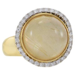 Vintage 18KT Yellow Gold Sliding Cabochon Rutilated Quartz And Diamond Ring