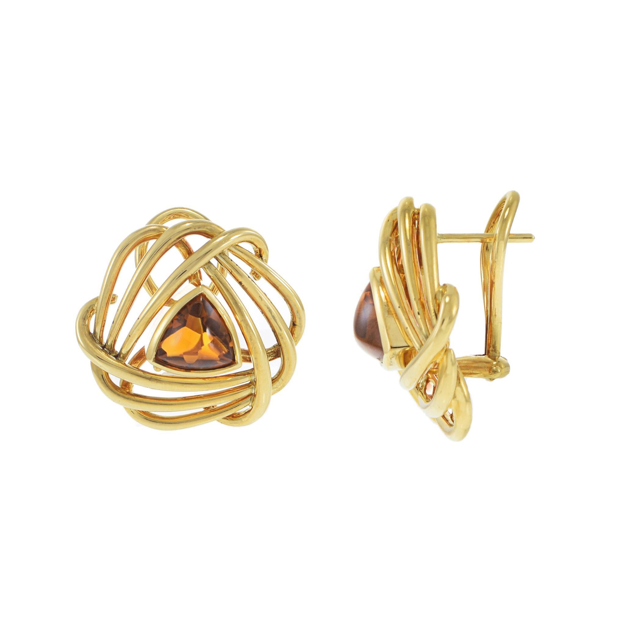 Trillion Cut Vintage 18KT Yellow Gold Spiral Earrings with Trillion Golden Topaz For Sale