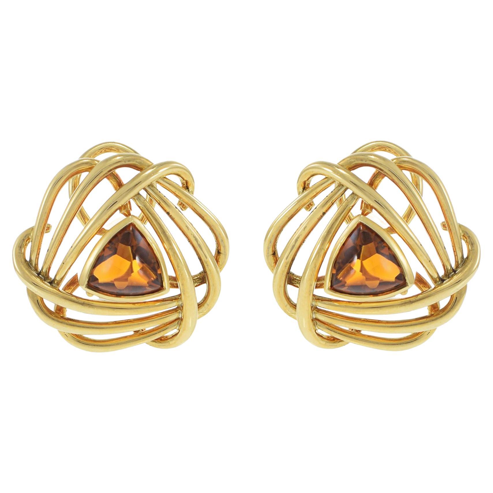 Vintage 18KT Yellow Gold Spiral Earrings with Trillion Golden Topaz For Sale