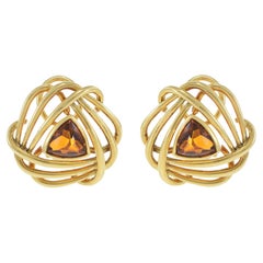 Vintage 18KT Yellow Gold Spiral Earrings with Trillion Golden Topaz