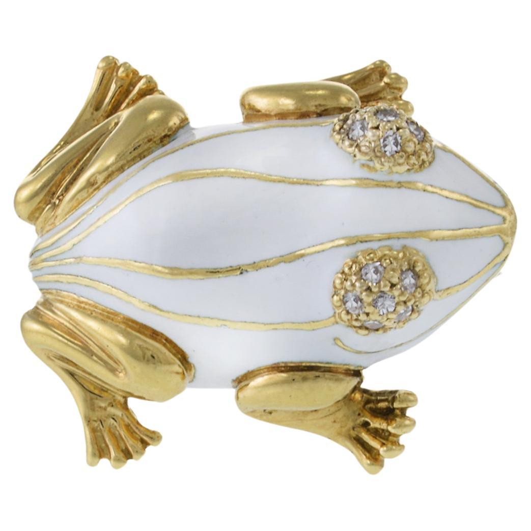 Vintage 18KT Yellow Gold White Enamel and Diamond Frog Brooch
