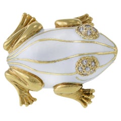 Vintage 18KT Yellow Gold White Enamel and Diamond Frog Brooch