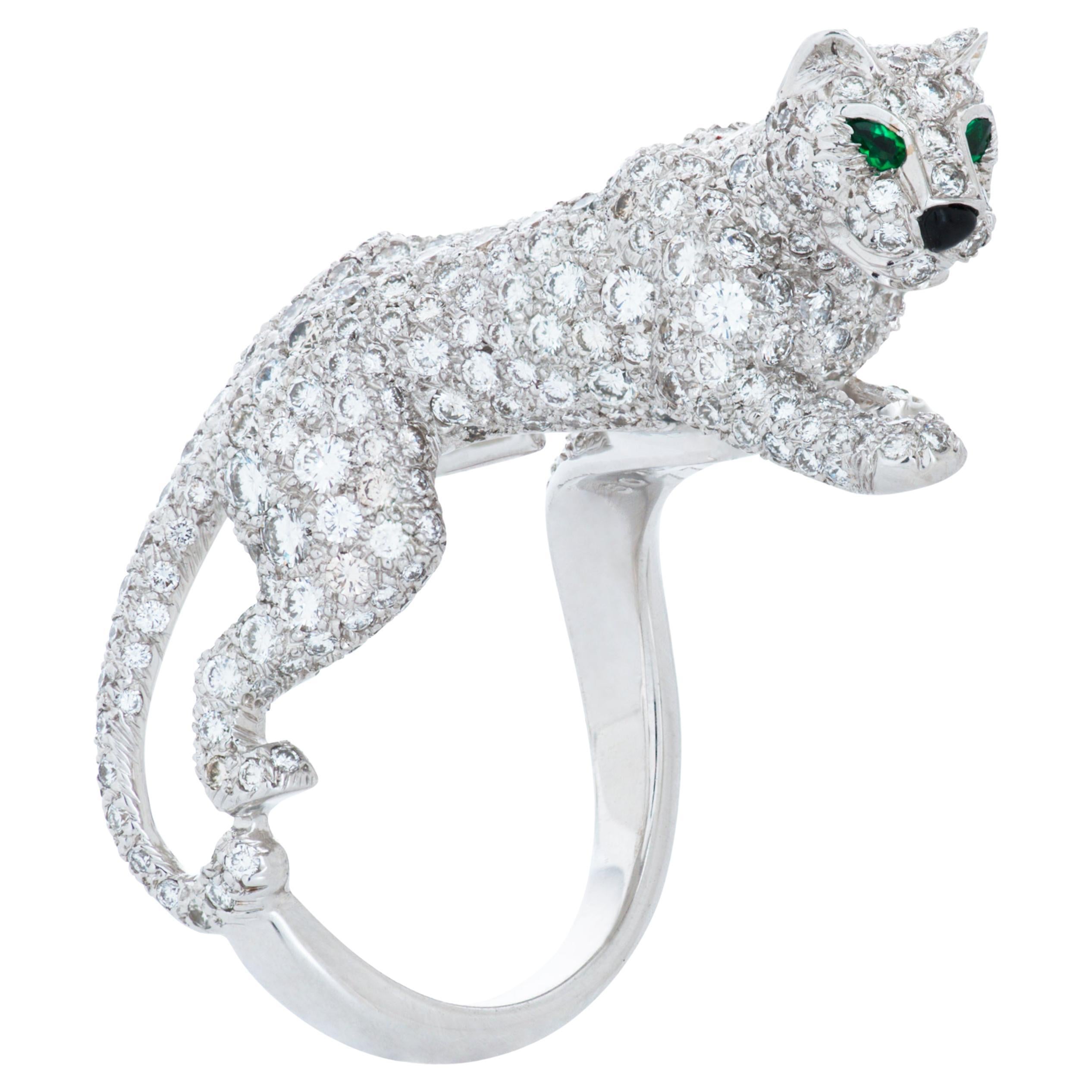 Vintage 18kwg Panthere De Cartier Diamond, Emerald & Onyx Walking Panther Ring