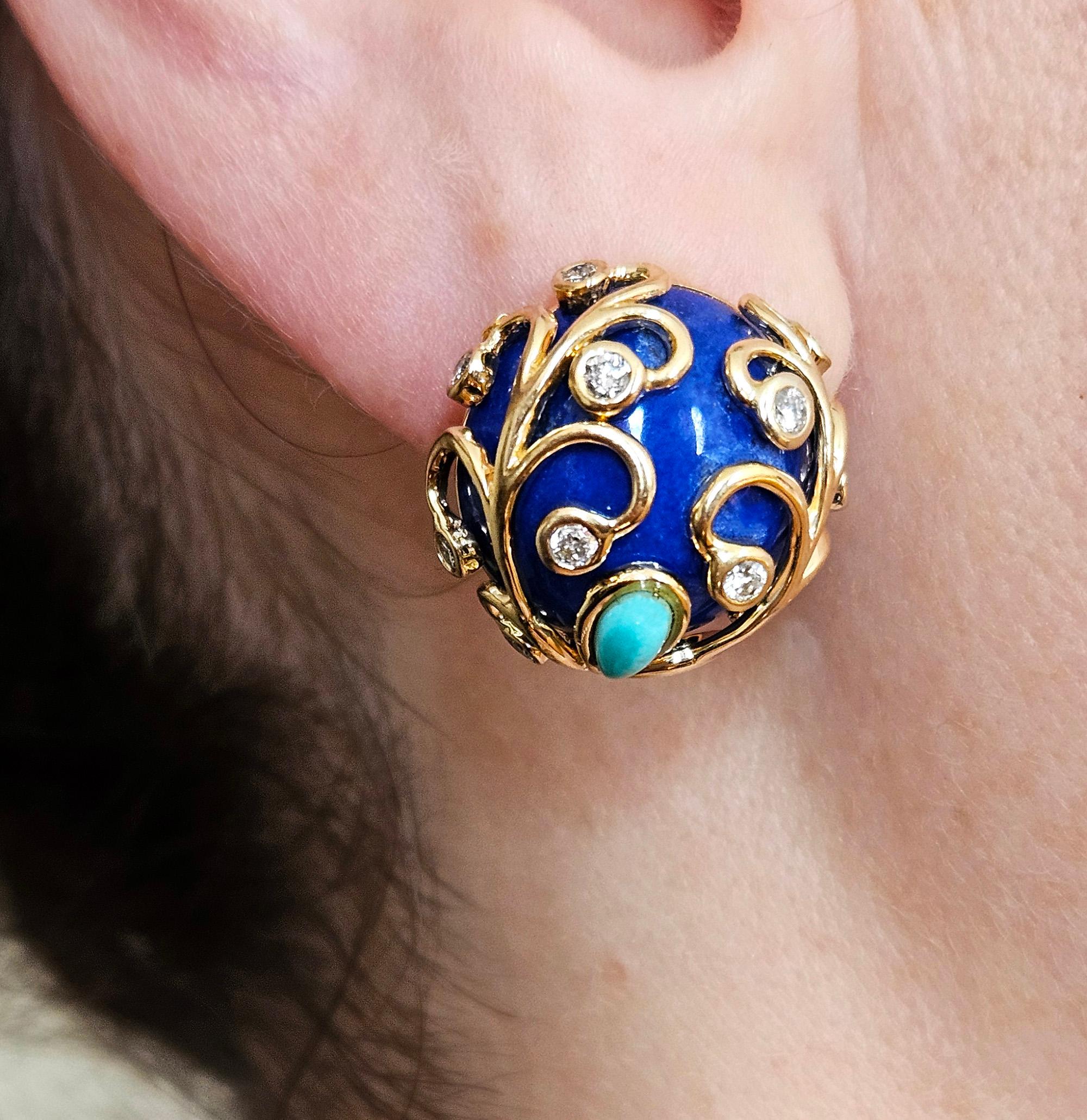 Vintage 18KY Gold Lapis Lazuli Diamond Turquoise Button Clips Post Earrings For Sale 4