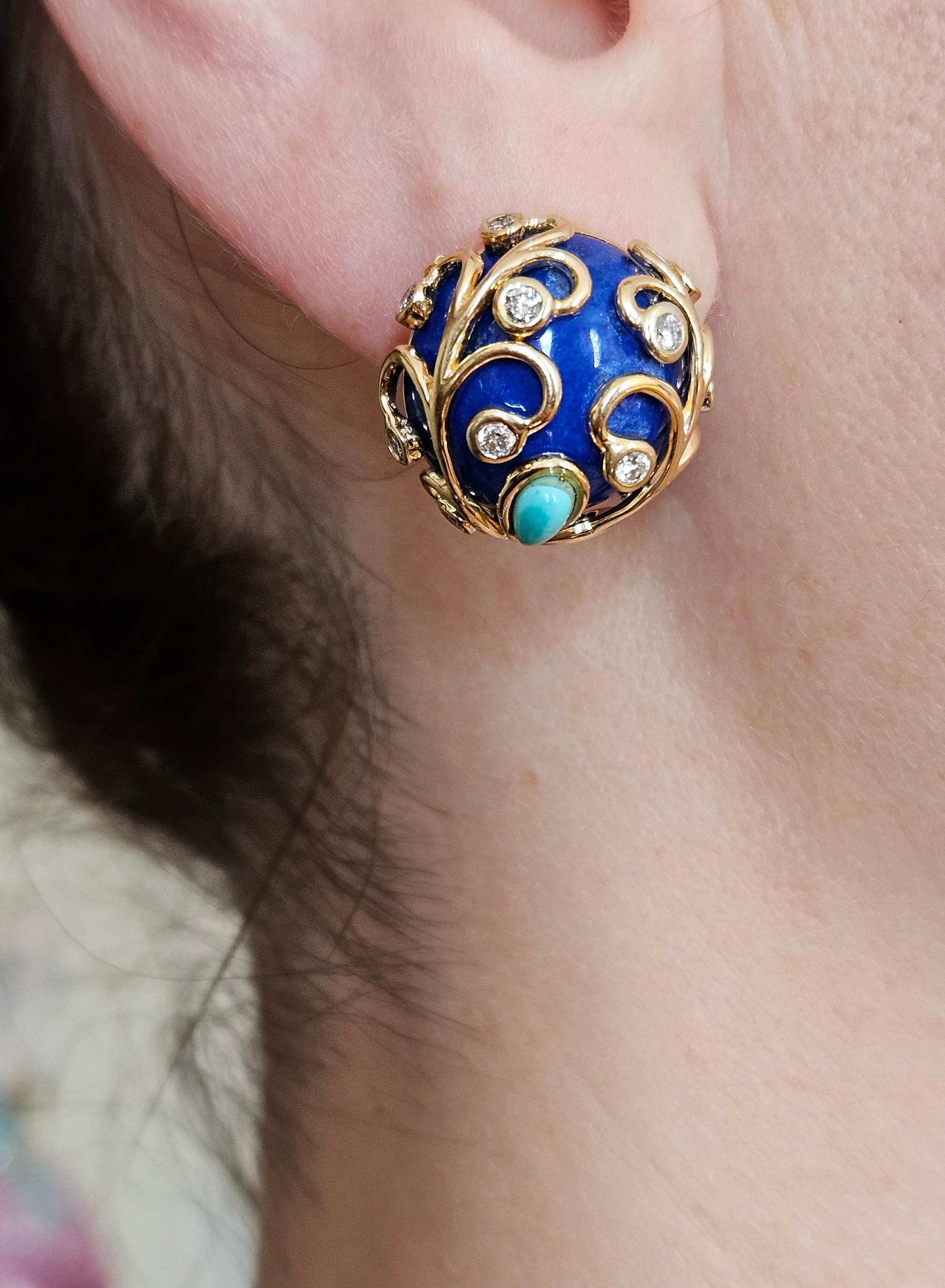 Vintage 18KY Gold Lapis Lazuli Diamond Turquoise Button Clips Post Earrings For Sale 5