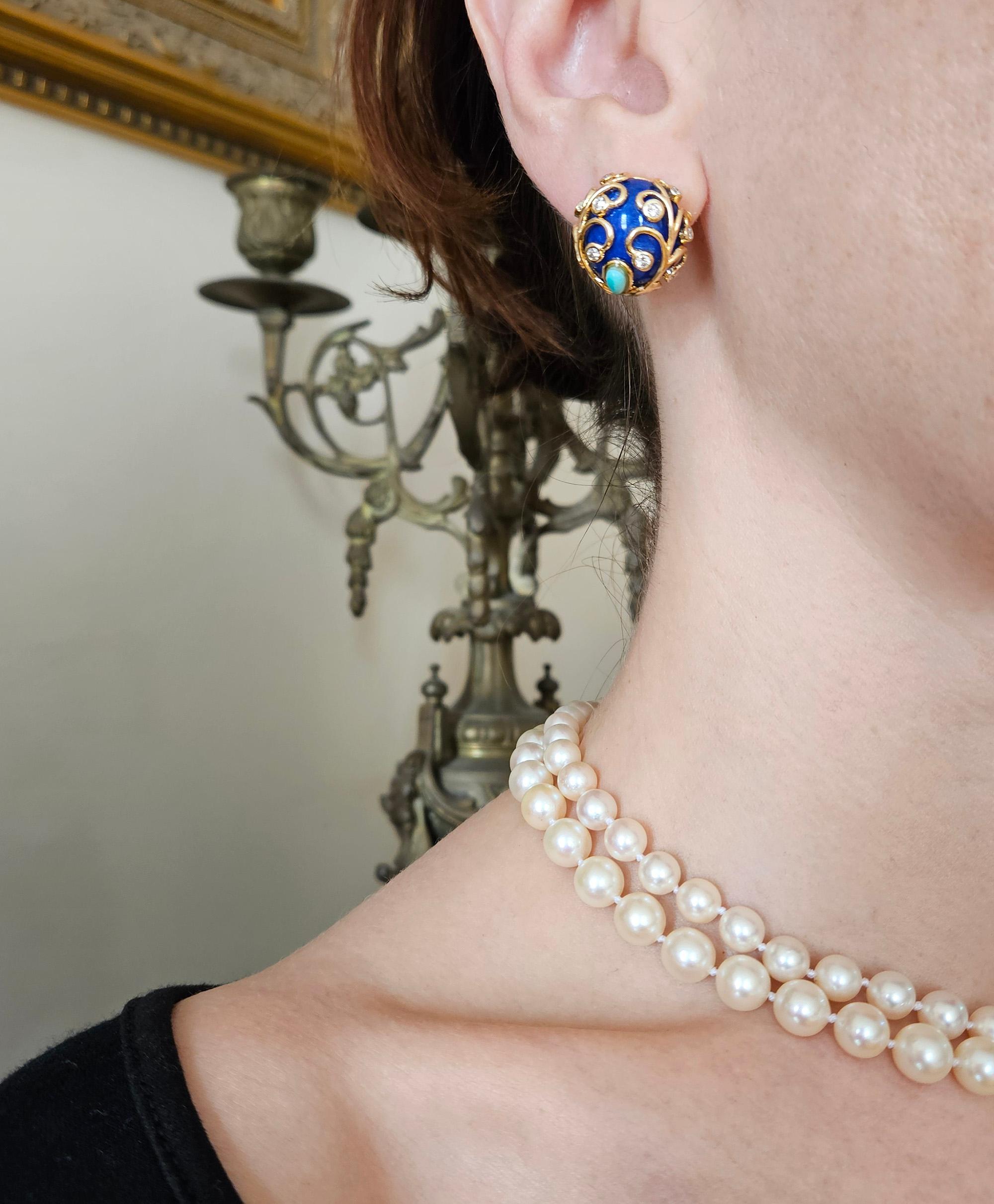 Vintage 18KY Gold Lapis Lazuli Diamond Turquoise Button Clips Post Earrings For Sale 6