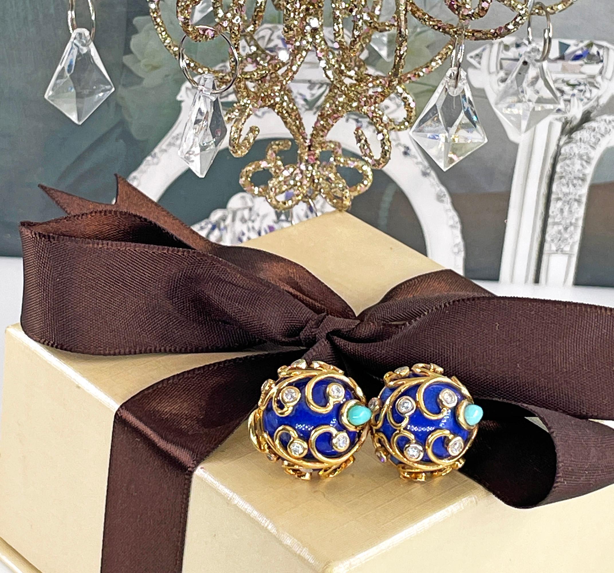 Vintage 18KY Gold Lapis Lazuli Diamond Turquoise Button Clips Post Earrings For Sale 7