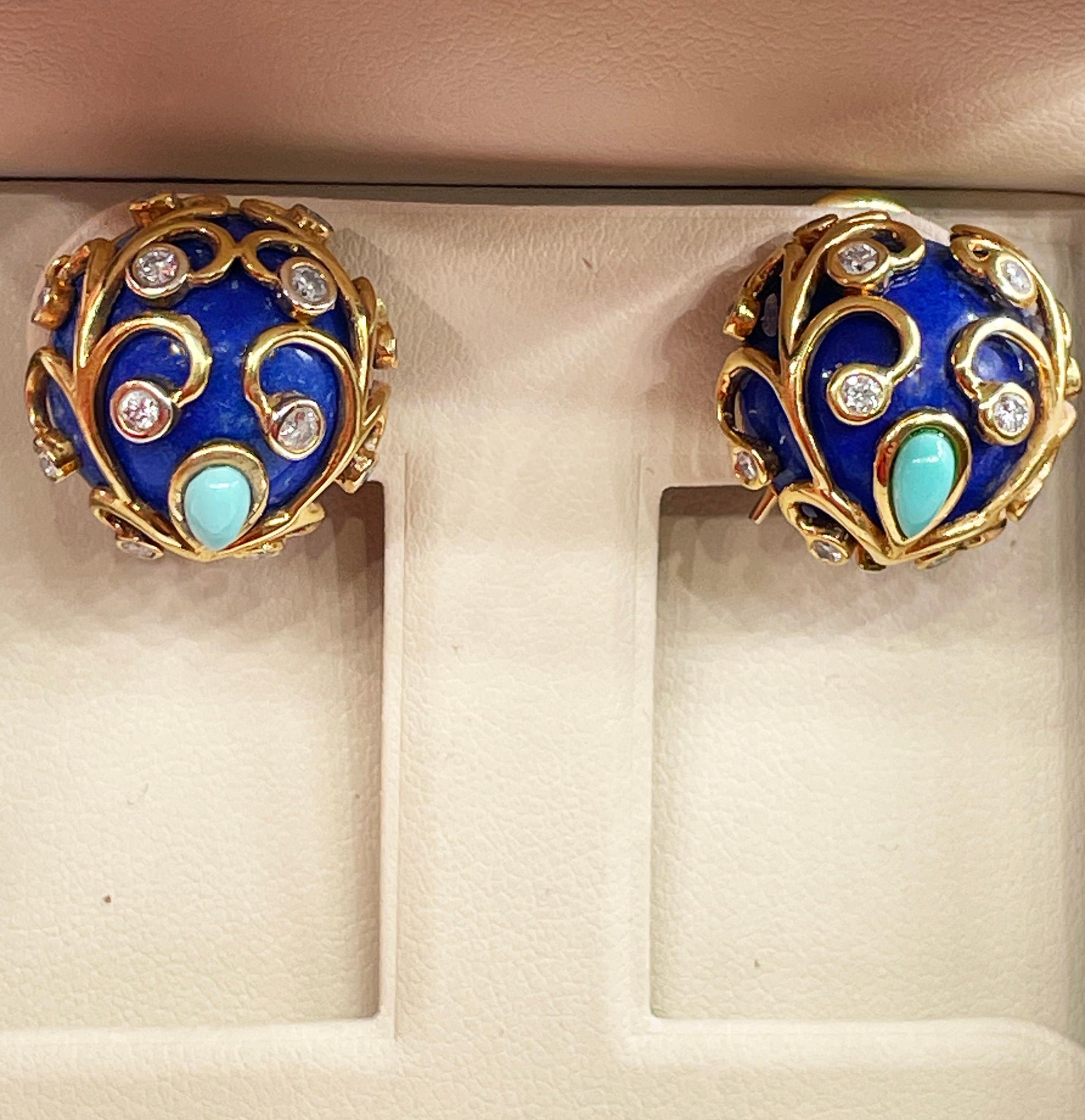 Vintage 18KY Gold Lapis Lazuli Diamond Turquoise Button Clips Post Earrings For Sale 8