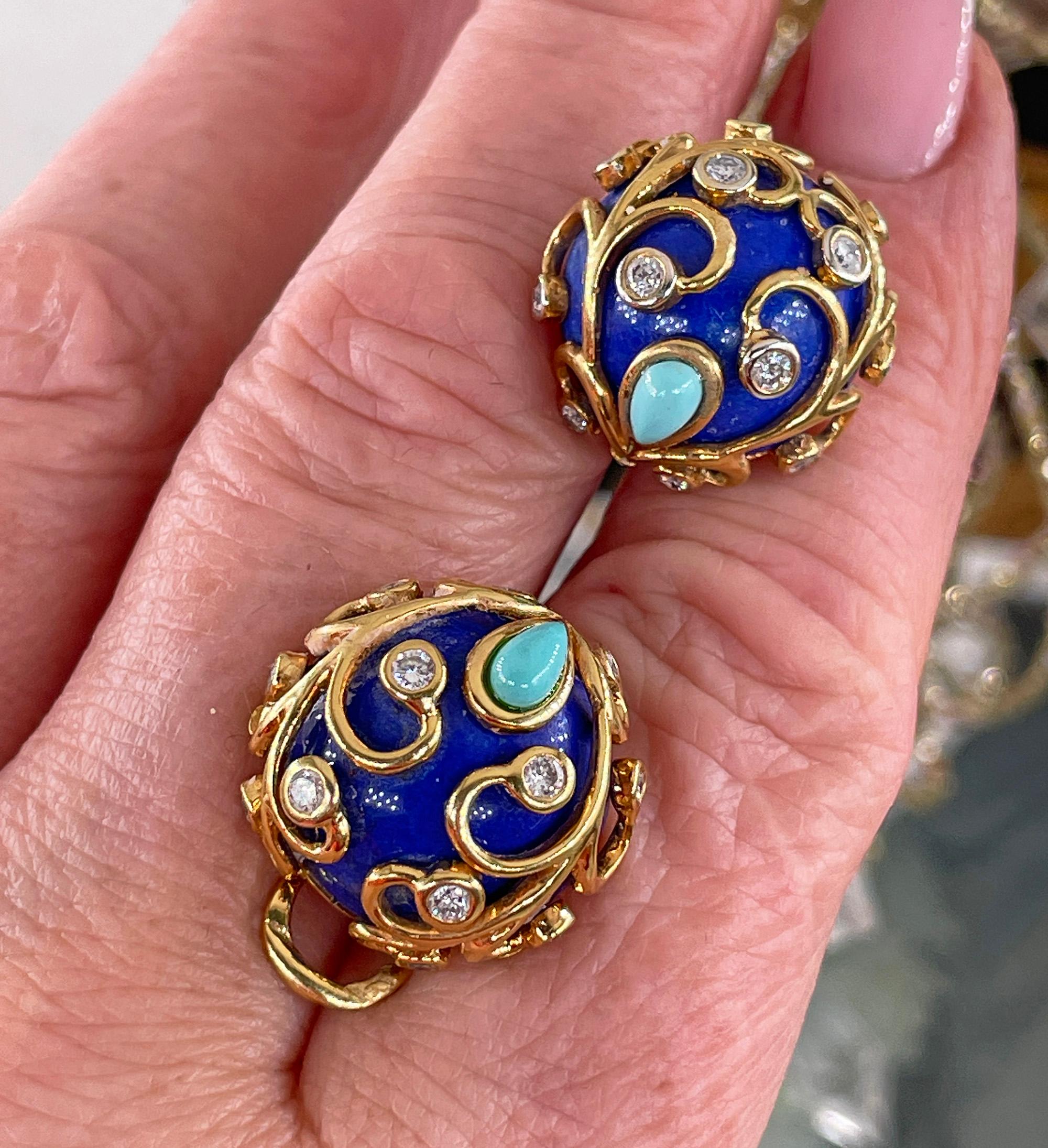 Vintage 18KY Gold Lapis Lazuli Diamond Turquoise Button Clips Post Earrings For Sale 9