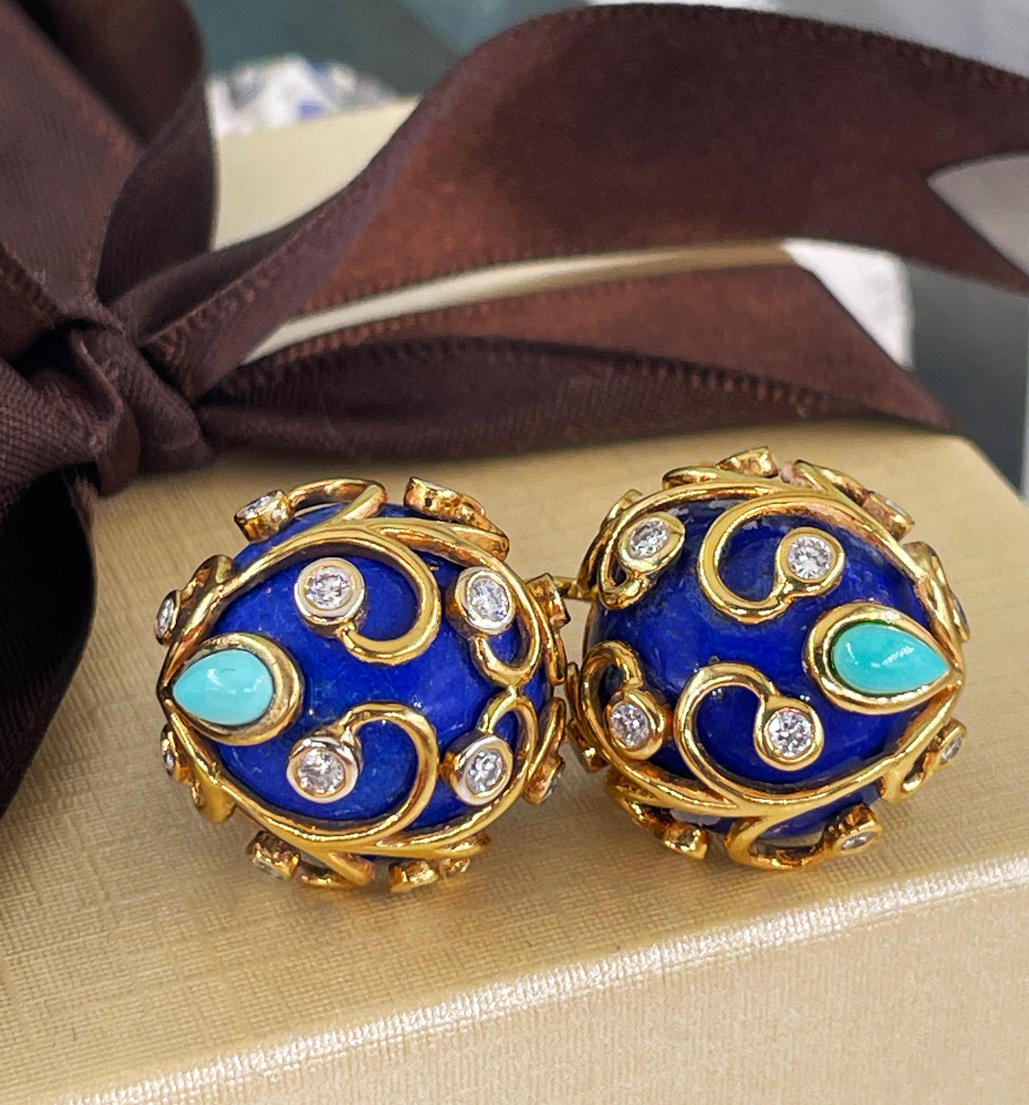 Vintage 18KY Gold Lapis Lazuli Diamond Turquoise Button Clips Post Earrings For Sale 10
