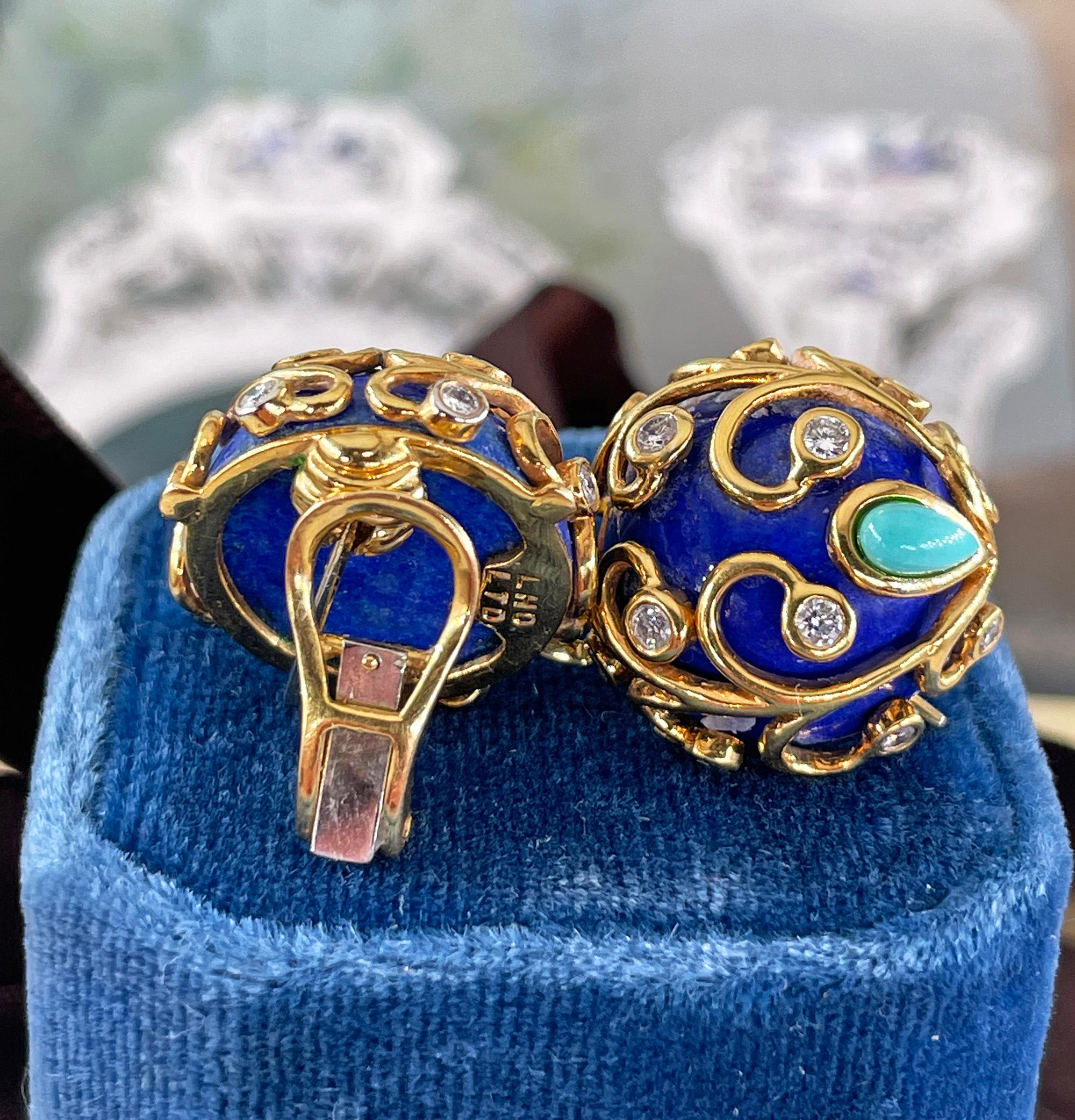 Vintage 18KY Gold Lapis Lazuli Diamond Turquoise Button Clips Post Earrings For Sale 11