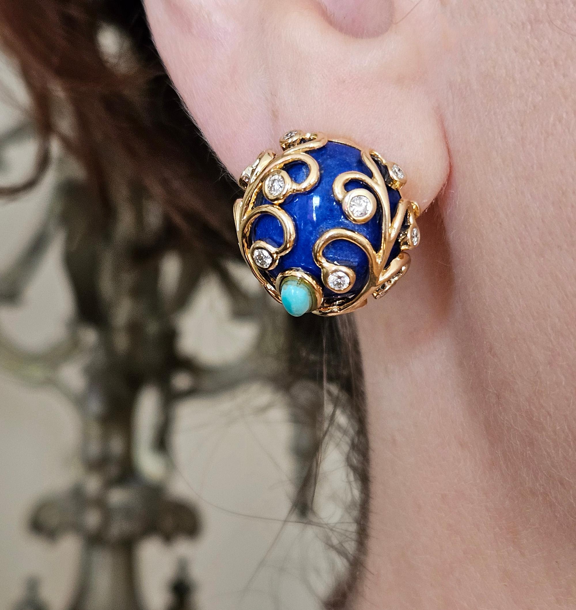 Vintage 18KY Gold Lapis Lazuli Diamond Turquoise Button Clips Post Earrings For Sale 12